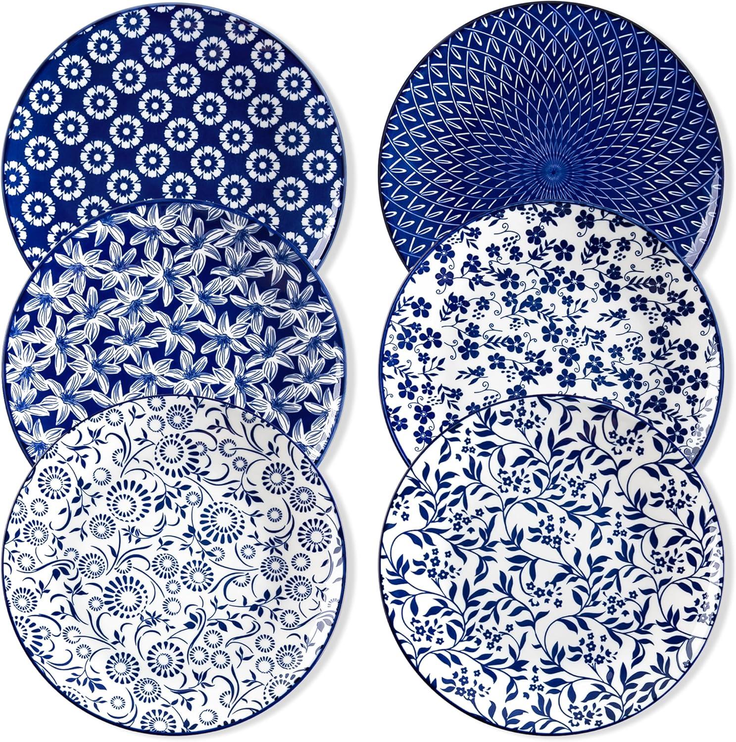 imagevancasso Ceramic Dinner Plates Set of 6 Large Vintage Plates 1025 Inch Set of 6 for Kitchen Porcelain Blue and White Plates for Kitchen Microwave Oven Dishwasher Safe Vintage Gift BlueBlue
