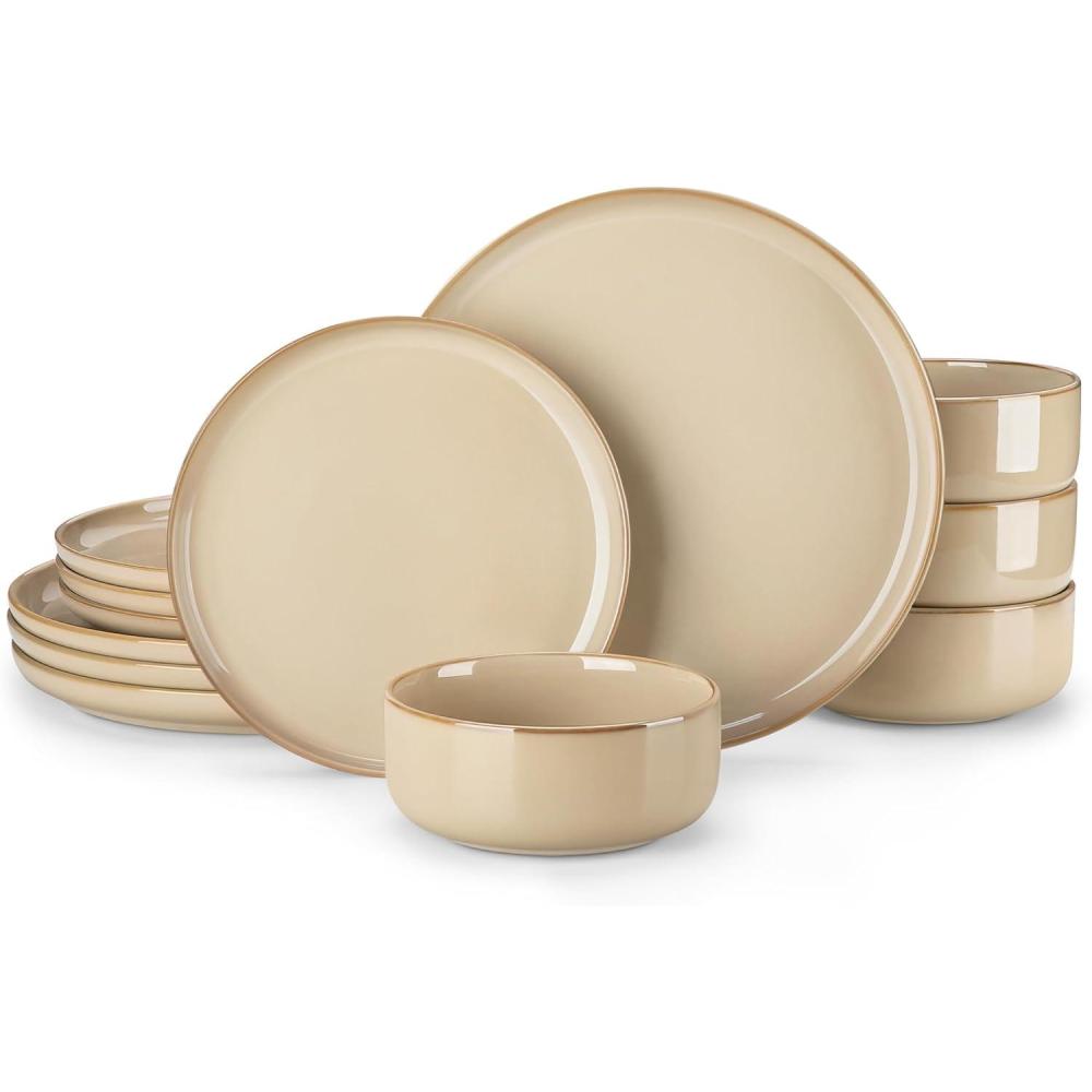 imagevancasso PLAYA Plates and Bowls Sets12 Pieces Grey Dinnerware Sets for KitchenReactive Glaze Dishes Set for 4Dishwasher and Microwave SafeBrown