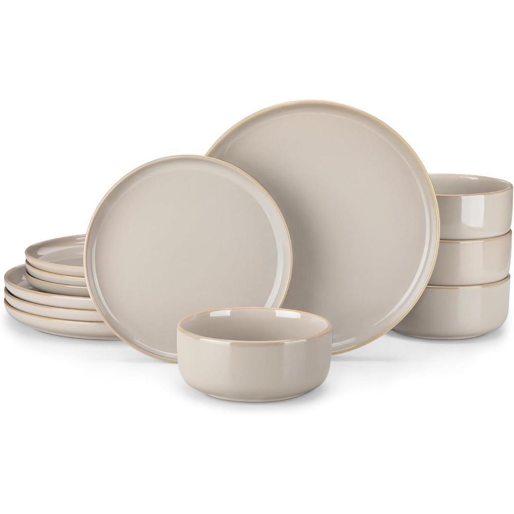 imagevancasso PLAYA Plates and Bowls Sets12 Pieces Grey Dinnerware Sets for KitchenReactive Glaze Dishes Set for 4Dishwasher and Microwave SafeGray