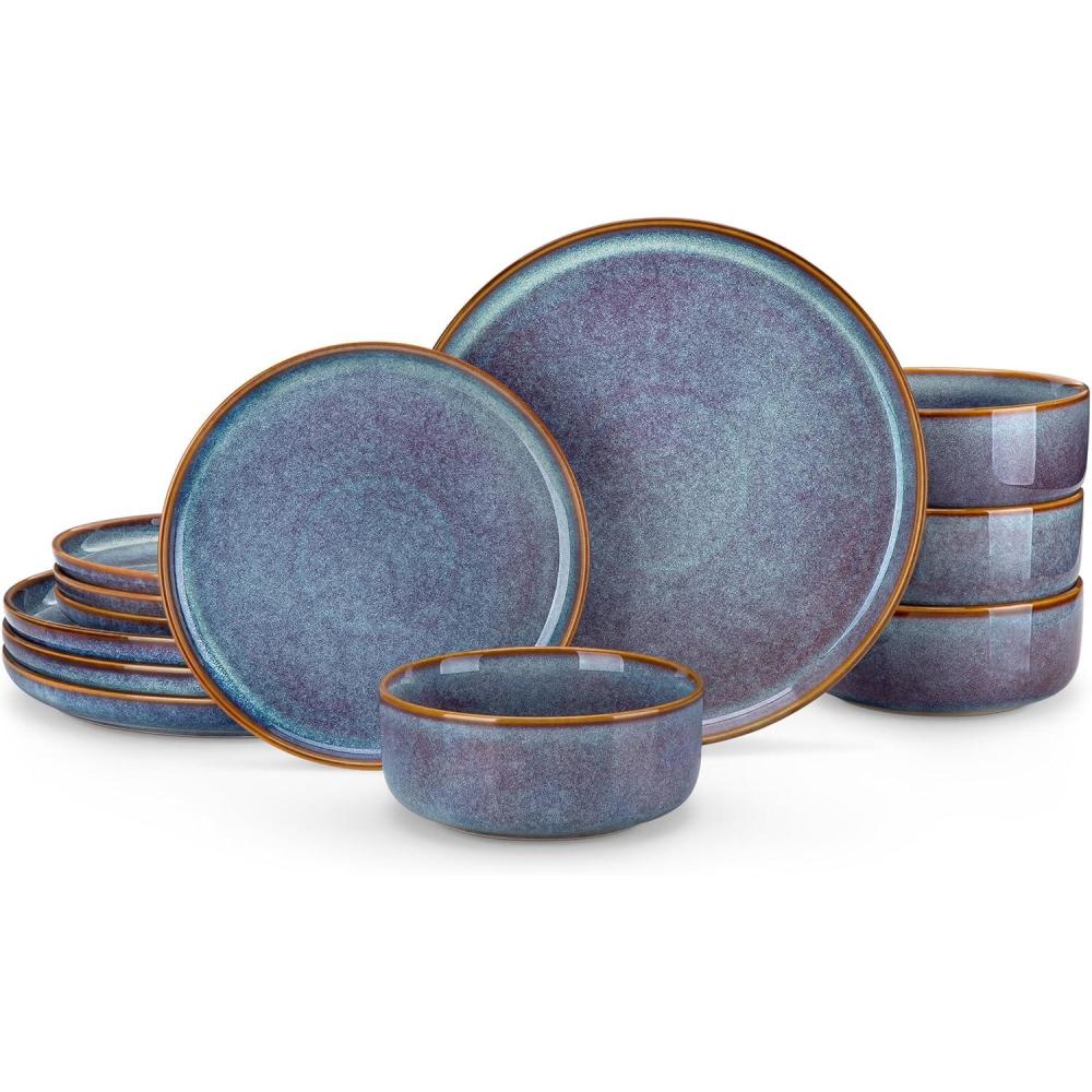 imagevancasso PLAYA Plates and Bowls Sets12 Pieces Grey Dinnerware Sets for KitchenReactive Glaze Dishes Set for 4Dishwasher and Microwave SafeGrey Blue