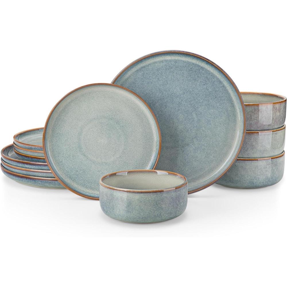 imagevancasso PLAYA Plates and Bowls Sets12 Pieces Grey Dinnerware Sets for KitchenReactive Glaze Dishes Set for 4Dishwasher and Microwave SafeLight Blue