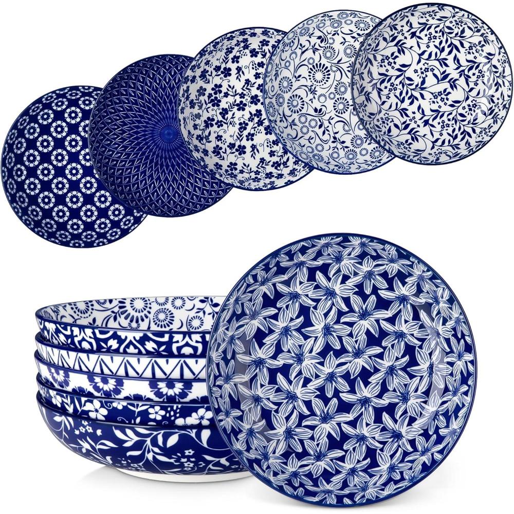 imagevancasso Pasta Bowls Set of 6 50 oz Large Ceramic Serving Bowls Wide Shallow Salad ampamp Soup Bowls 95 Inch Kitchen Pasta Plates Microwave and Dishwasher Safe Blue White Floral Design
