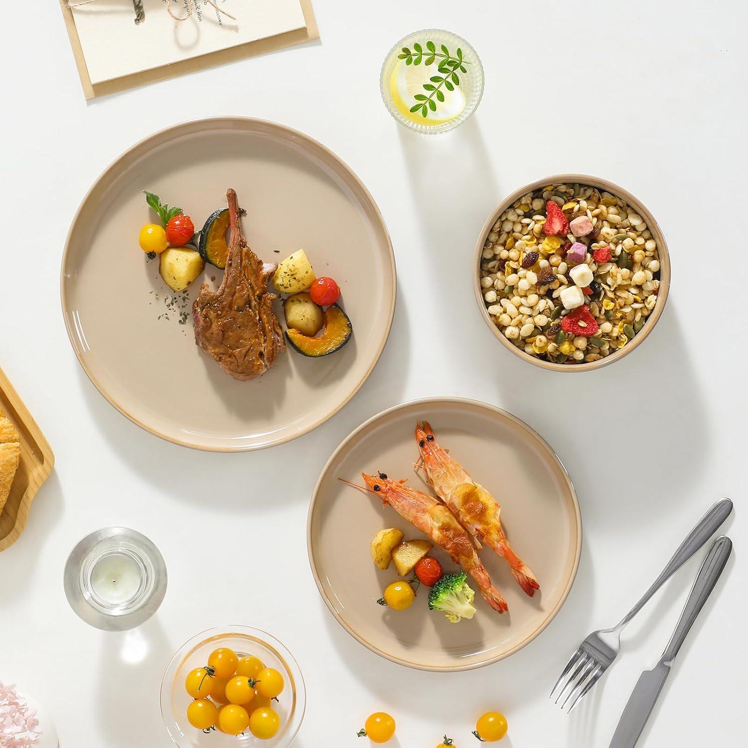 imagevancasso PLAYA Plates and Bowls Sets12 Pieces Grey Dinnerware Sets for KitchenReactive Glaze Dishes Set for 4Dishwasher and Microwave SafeBrown