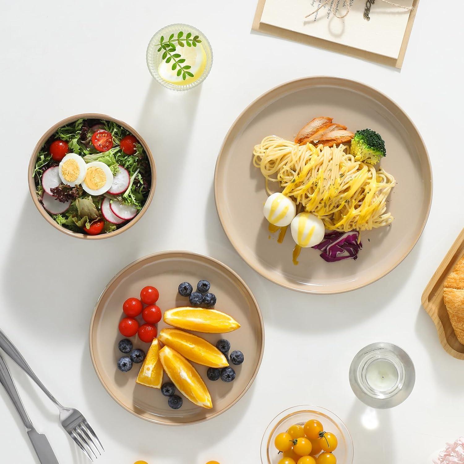 imagevancasso PLAYA Plates and Bowls Sets12 Pieces Grey Dinnerware Sets for KitchenReactive Glaze Dishes Set for 4Dishwasher and Microwave SafeBrown