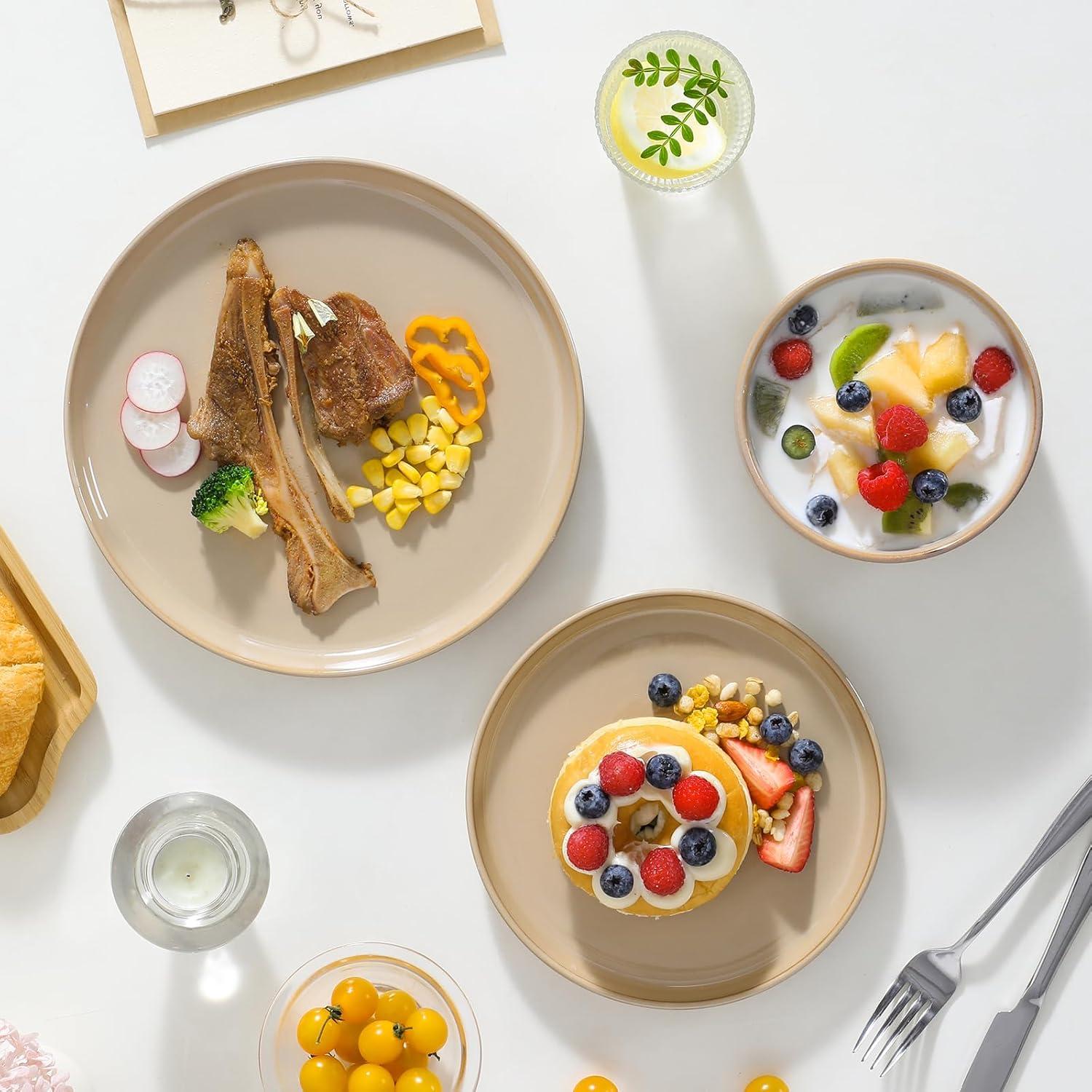 imagevancasso PLAYA Plates and Bowls Sets12 Pieces Grey Dinnerware Sets for KitchenReactive Glaze Dishes Set for 4Dishwasher and Microwave SafeBrown