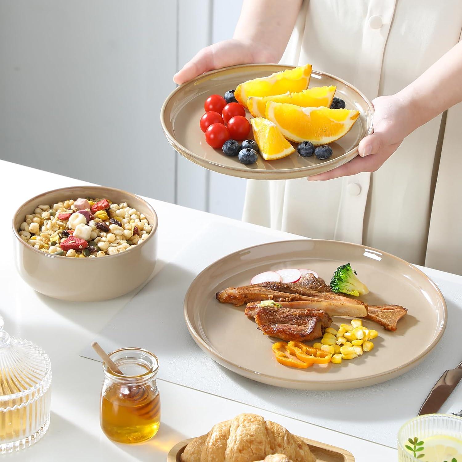 imagevancasso PLAYA Plates and Bowls Sets12 Pieces Grey Dinnerware Sets for KitchenReactive Glaze Dishes Set for 4Dishwasher and Microwave SafeBrown