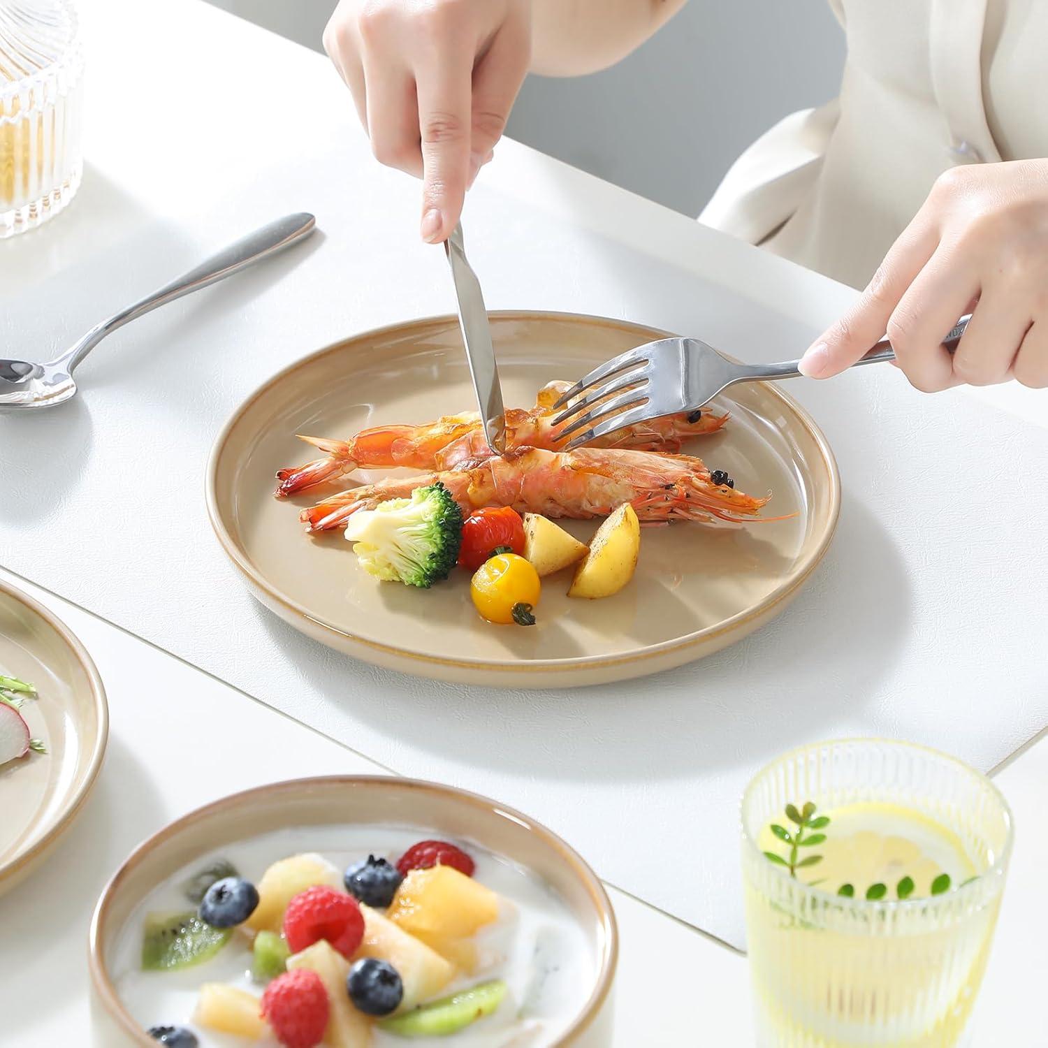 imagevancasso PLAYA Plates and Bowls Sets12 Pieces Grey Dinnerware Sets for KitchenReactive Glaze Dishes Set for 4Dishwasher and Microwave SafeBrown