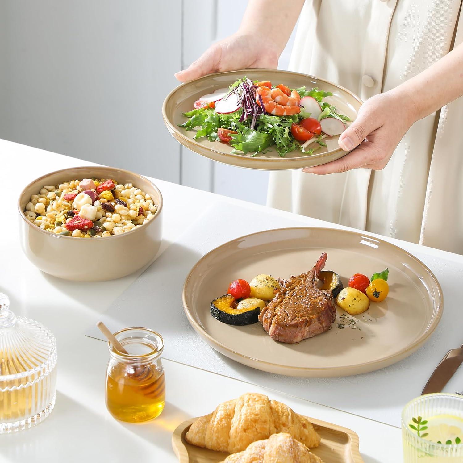 imagevancasso PLAYA Plates and Bowls Sets12 Pieces Grey Dinnerware Sets for KitchenReactive Glaze Dishes Set for 4Dishwasher and Microwave SafeBrown