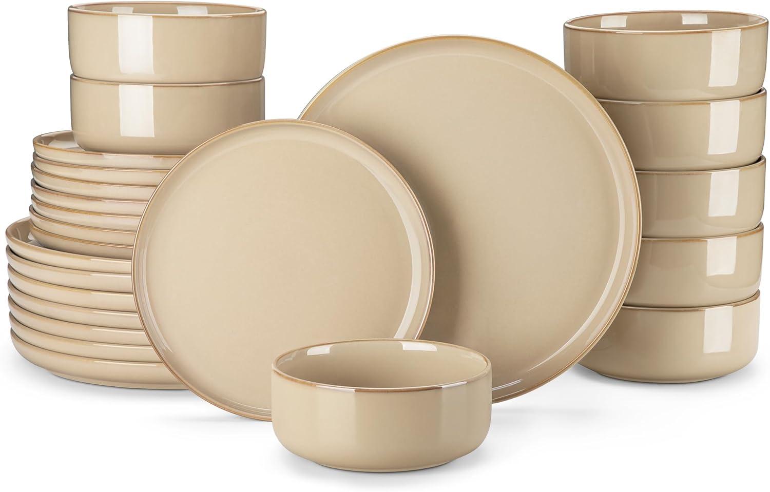 imagevancasso PLAYA Plates and Bowls Sets12 Pieces Grey Dinnerware Sets for KitchenReactive Glaze Dishes Set for 4Dishwasher and Microwave SafeBrown