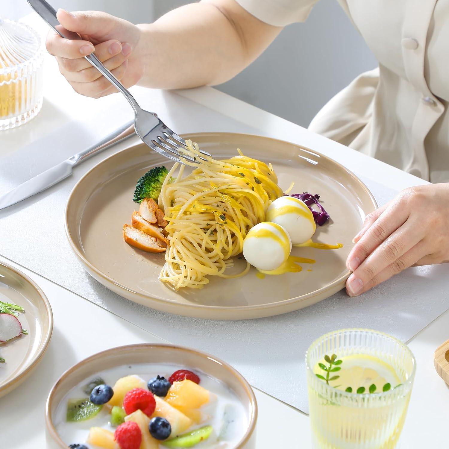 imagevancasso PLAYA Plates and Bowls Sets12 Pieces Grey Dinnerware Sets for KitchenReactive Glaze Dishes Set for 4Dishwasher and Microwave SafeBrown