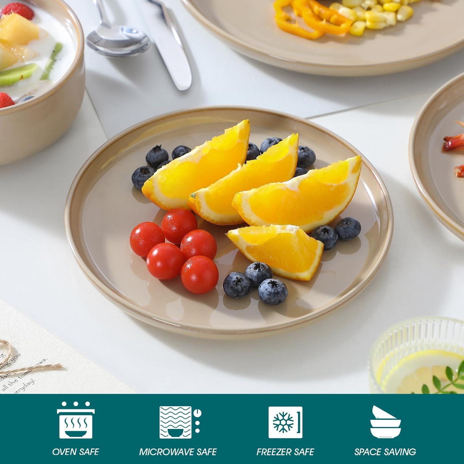 imagevancasso PLAYA Plates and Bowls Sets12 Pieces Grey Dinnerware Sets for KitchenReactive Glaze Dishes Set for 4Dishwasher and Microwave SafeBrown