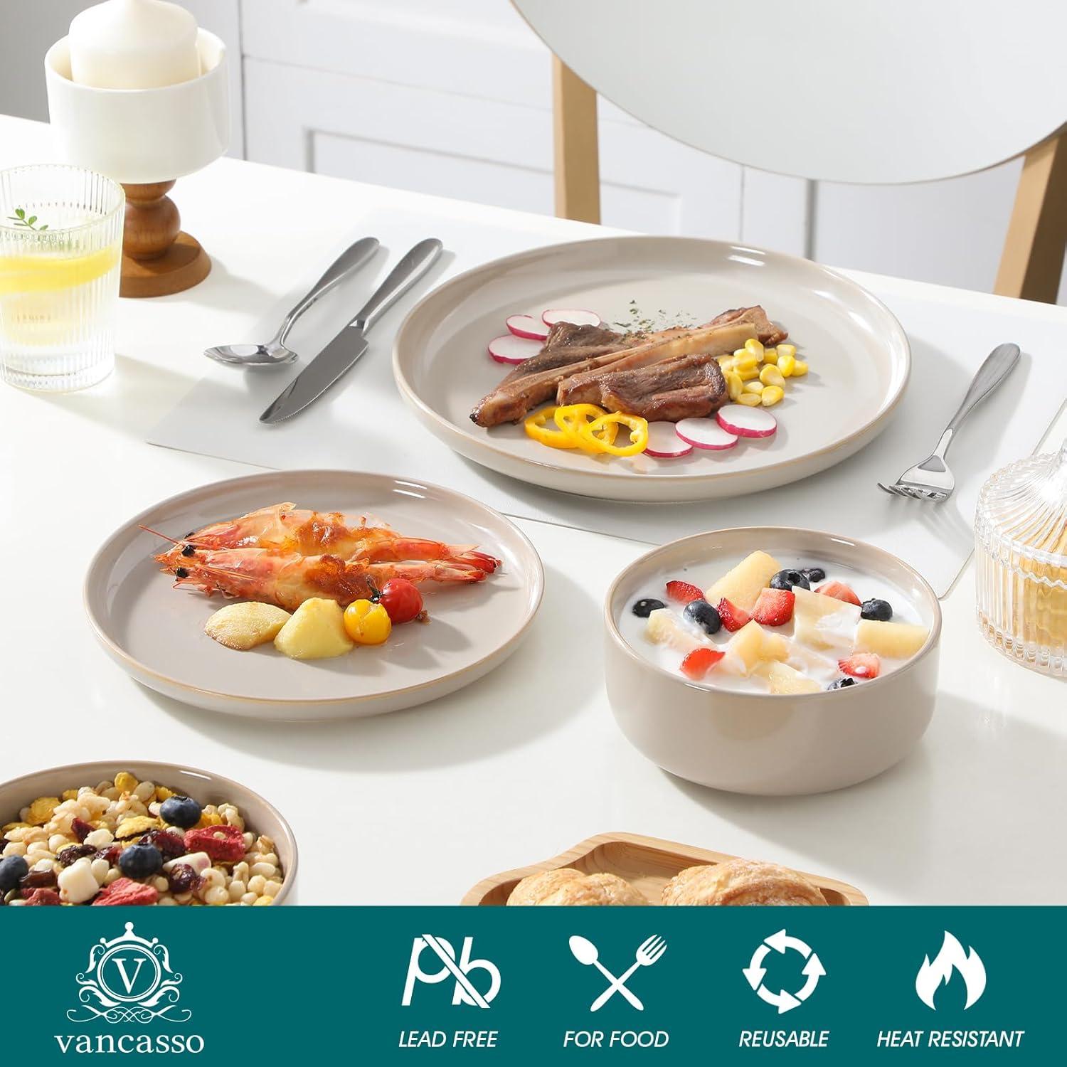 imagevancasso PLAYA Plates and Bowls Sets12 Pieces Grey Dinnerware Sets for KitchenReactive Glaze Dishes Set for 4Dishwasher and Microwave SafeGray