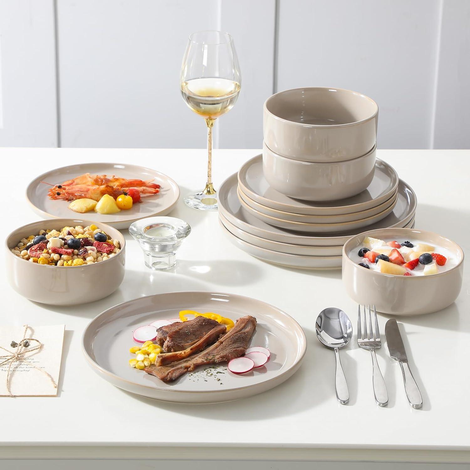 imagevancasso PLAYA Plates and Bowls Sets12 Pieces Grey Dinnerware Sets for KitchenReactive Glaze Dishes Set for 4Dishwasher and Microwave SafeGray