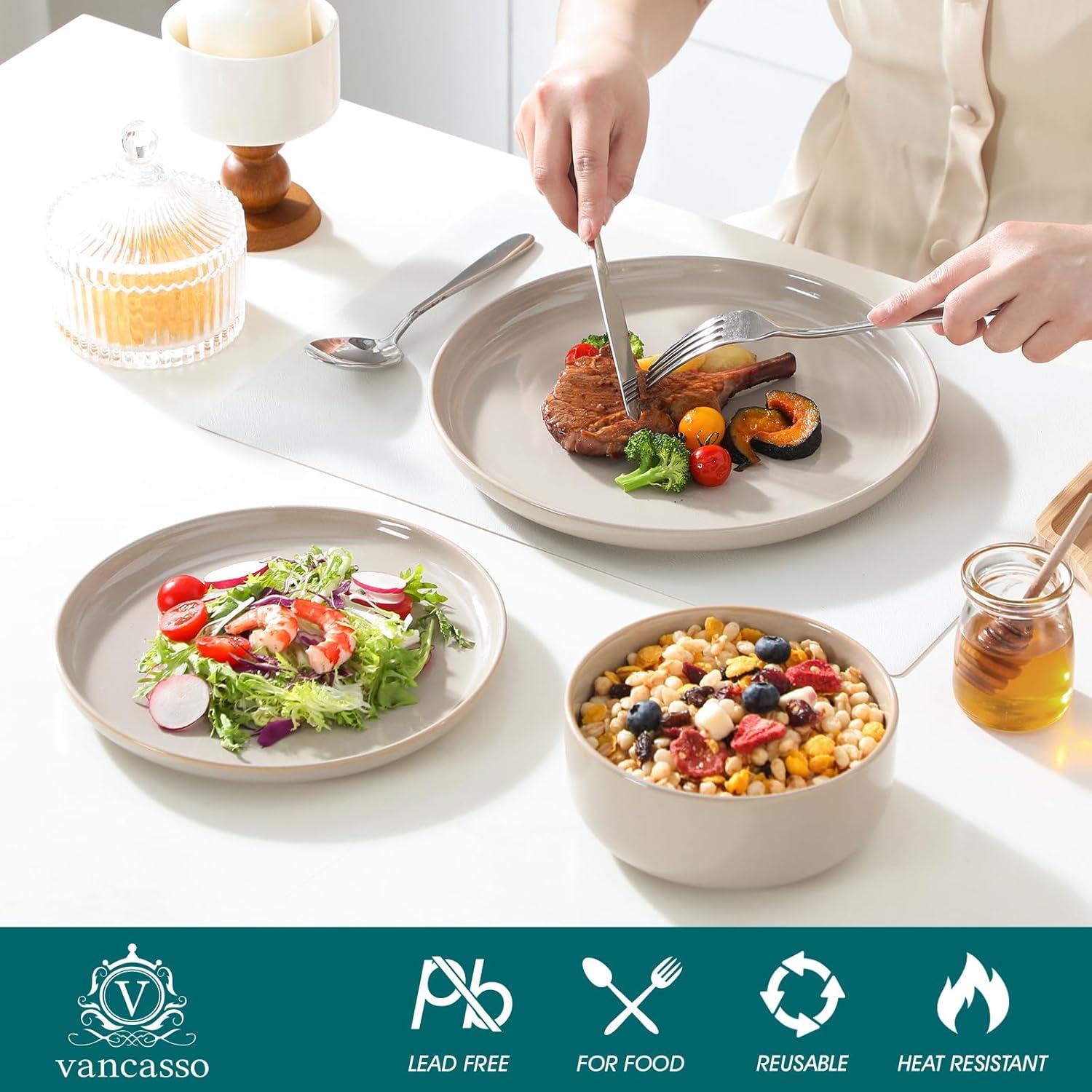 imagevancasso PLAYA Plates and Bowls Sets12 Pieces Grey Dinnerware Sets for KitchenReactive Glaze Dishes Set for 4Dishwasher and Microwave SafeGray