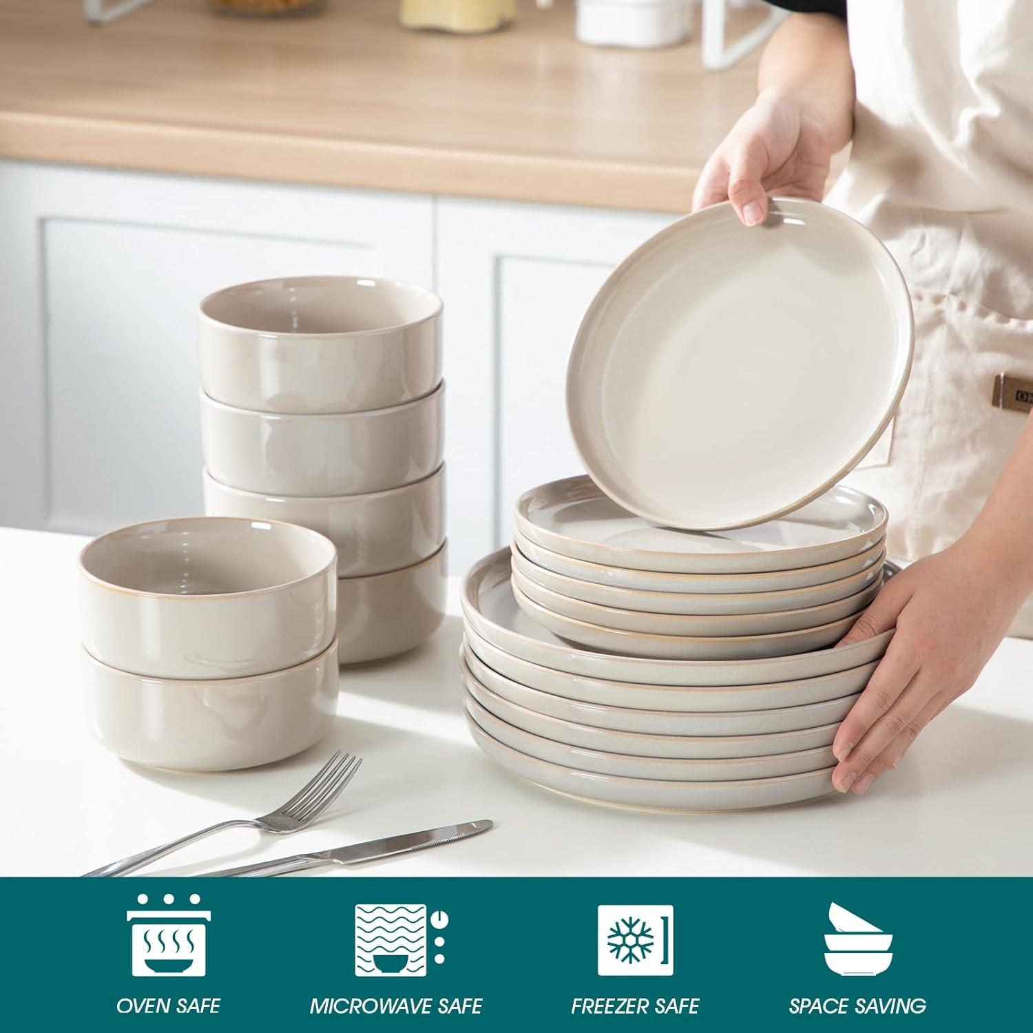 imagevancasso PLAYA Plates and Bowls Sets12 Pieces Grey Dinnerware Sets for KitchenReactive Glaze Dishes Set for 4Dishwasher and Microwave SafeGray