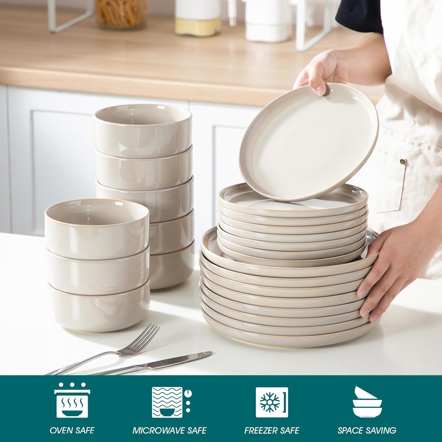 imagevancasso PLAYA Plates and Bowls Sets12 Pieces Grey Dinnerware Sets for KitchenReactive Glaze Dishes Set for 4Dishwasher and Microwave SafeGray