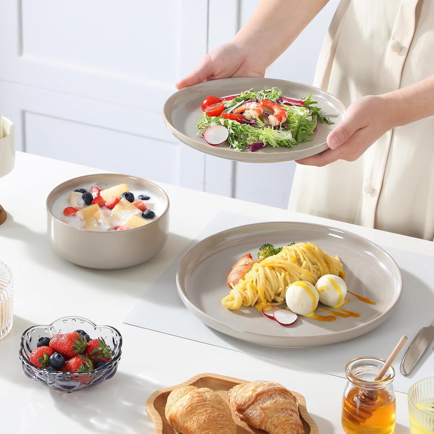 imagevancasso PLAYA Plates and Bowls Sets12 Pieces Grey Dinnerware Sets for KitchenReactive Glaze Dishes Set for 4Dishwasher and Microwave SafeGray