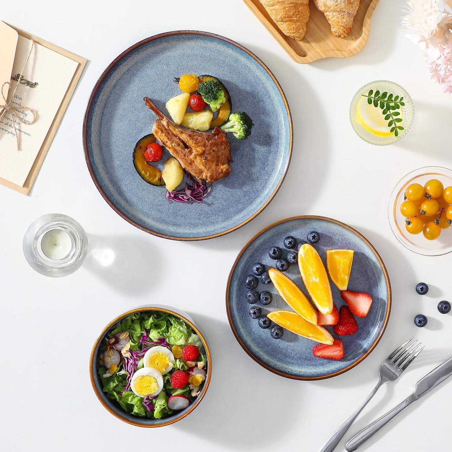 imagevancasso PLAYA Plates and Bowls Sets12 Pieces Grey Dinnerware Sets for KitchenReactive Glaze Dishes Set for 4Dishwasher and Microwave SafeGrey Blue