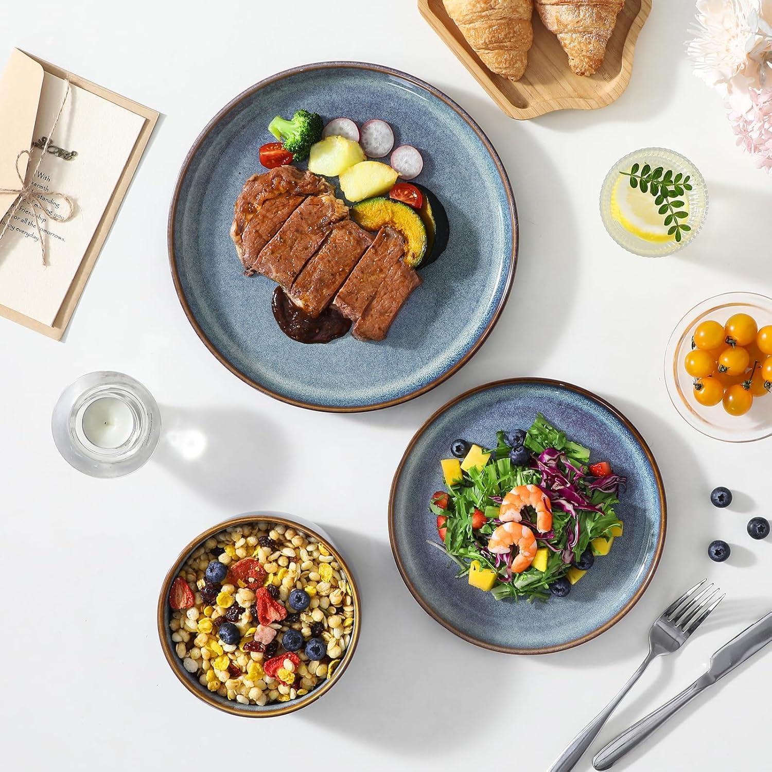 imagevancasso PLAYA Plates and Bowls Sets12 Pieces Grey Dinnerware Sets for KitchenReactive Glaze Dishes Set for 4Dishwasher and Microwave SafeGrey Blue