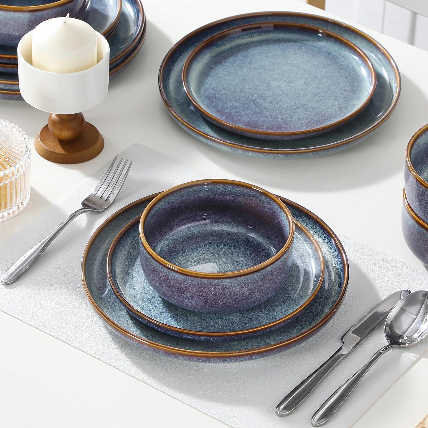 imagevancasso PLAYA Plates and Bowls Sets12 Pieces Grey Dinnerware Sets for KitchenReactive Glaze Dishes Set for 4Dishwasher and Microwave SafeGrey Blue