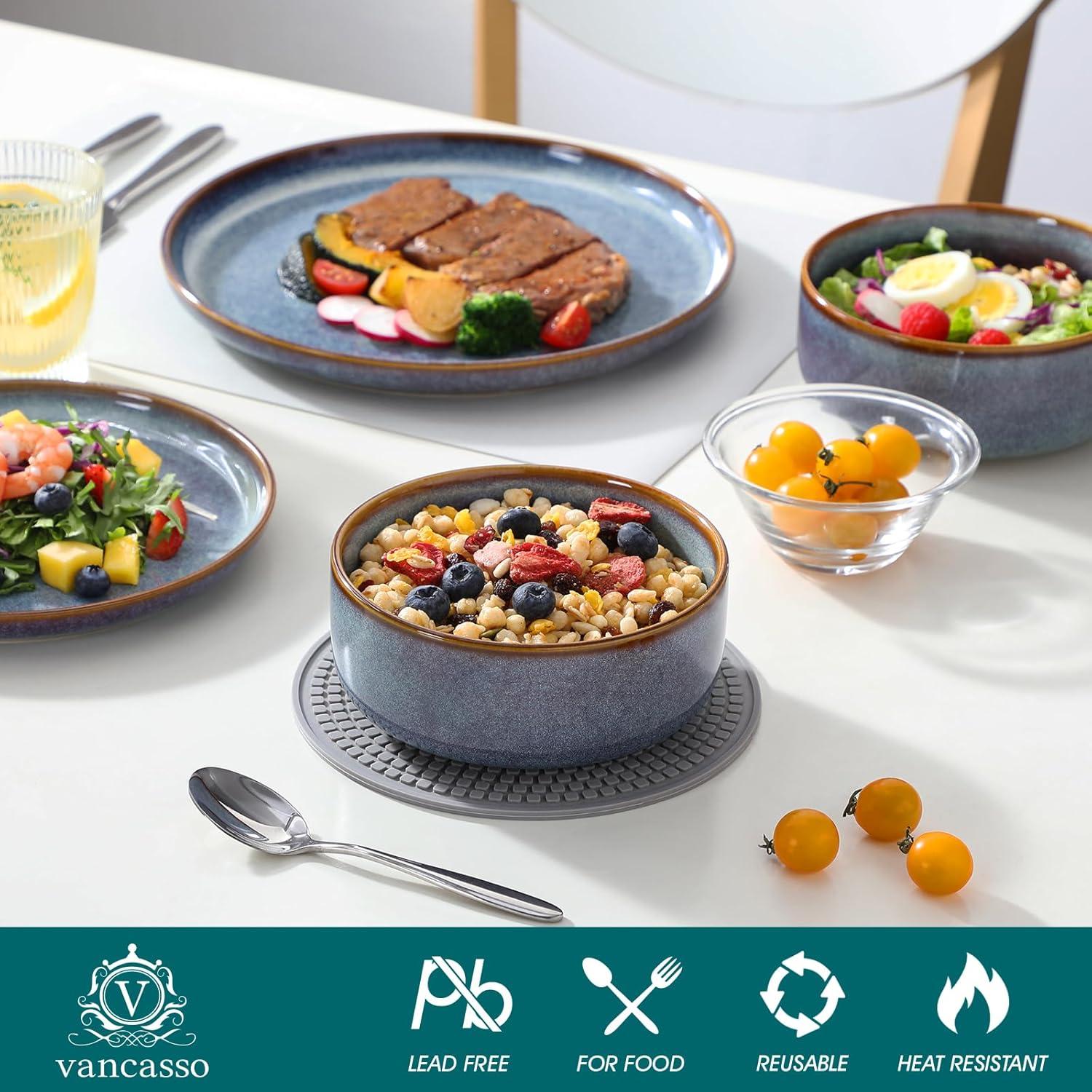 imagevancasso PLAYA Plates and Bowls Sets12 Pieces Grey Dinnerware Sets for KitchenReactive Glaze Dishes Set for 4Dishwasher and Microwave SafeGrey Blue