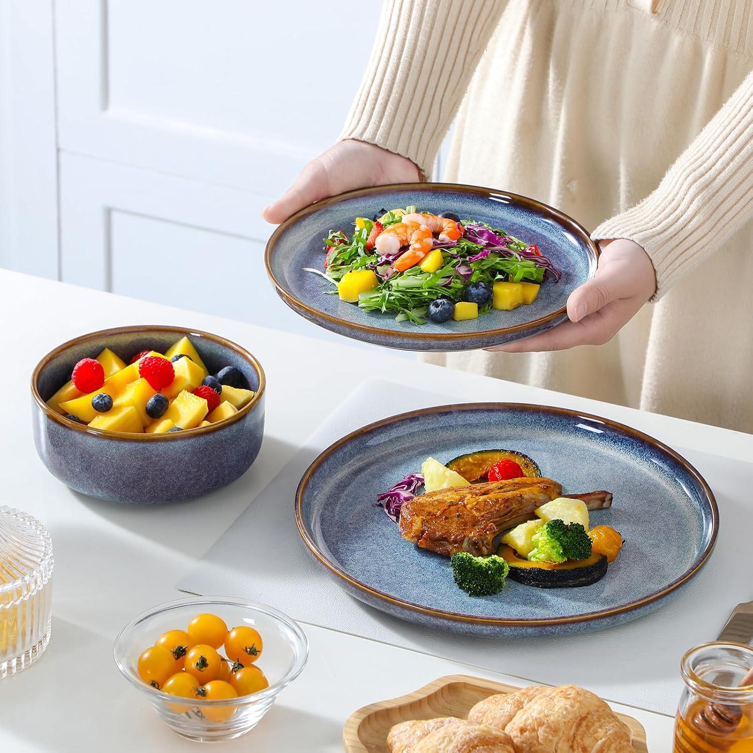 imagevancasso PLAYA Plates and Bowls Sets12 Pieces Grey Dinnerware Sets for KitchenReactive Glaze Dishes Set for 4Dishwasher and Microwave SafeGrey Blue