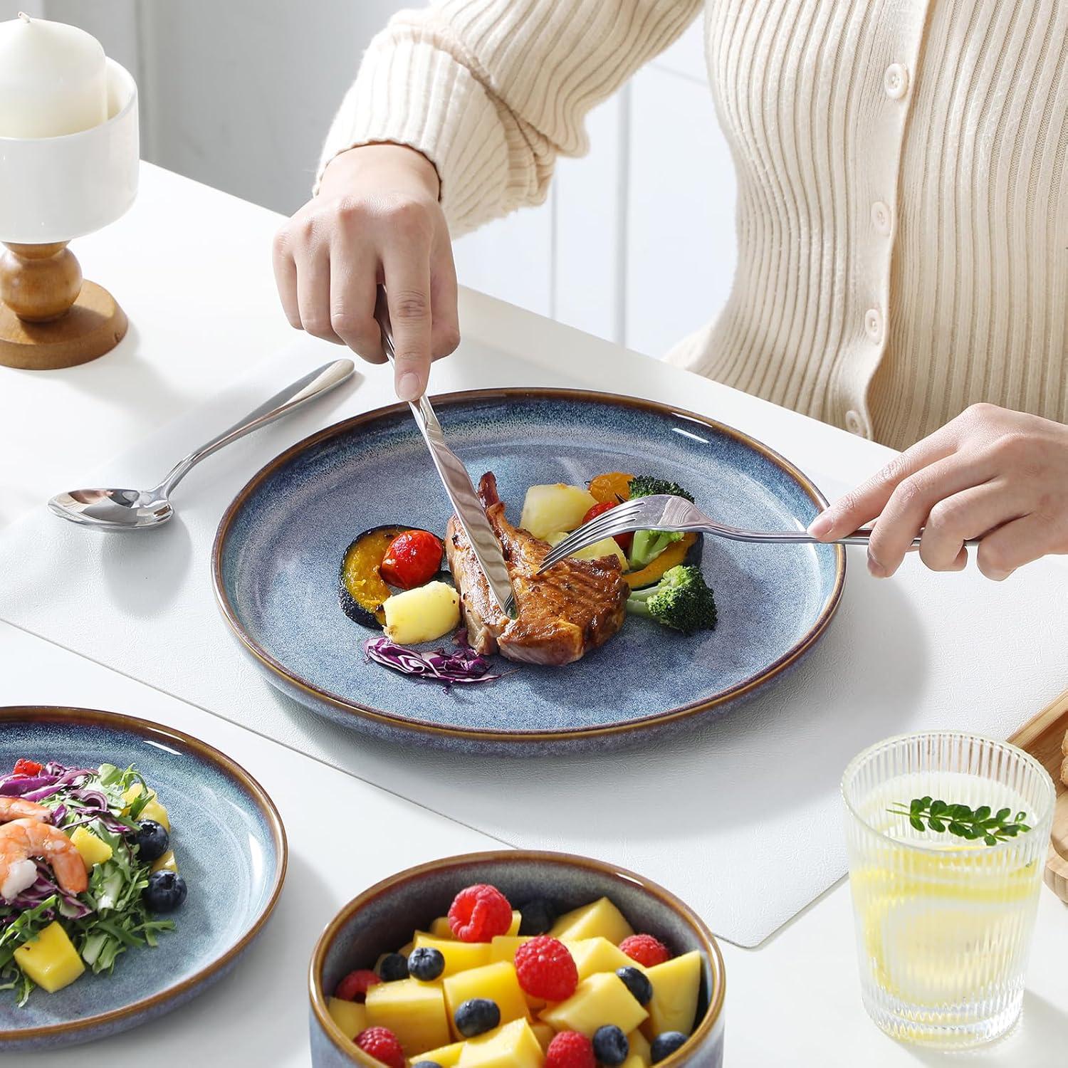 imagevancasso PLAYA Plates and Bowls Sets12 Pieces Grey Dinnerware Sets for KitchenReactive Glaze Dishes Set for 4Dishwasher and Microwave SafeGrey Blue