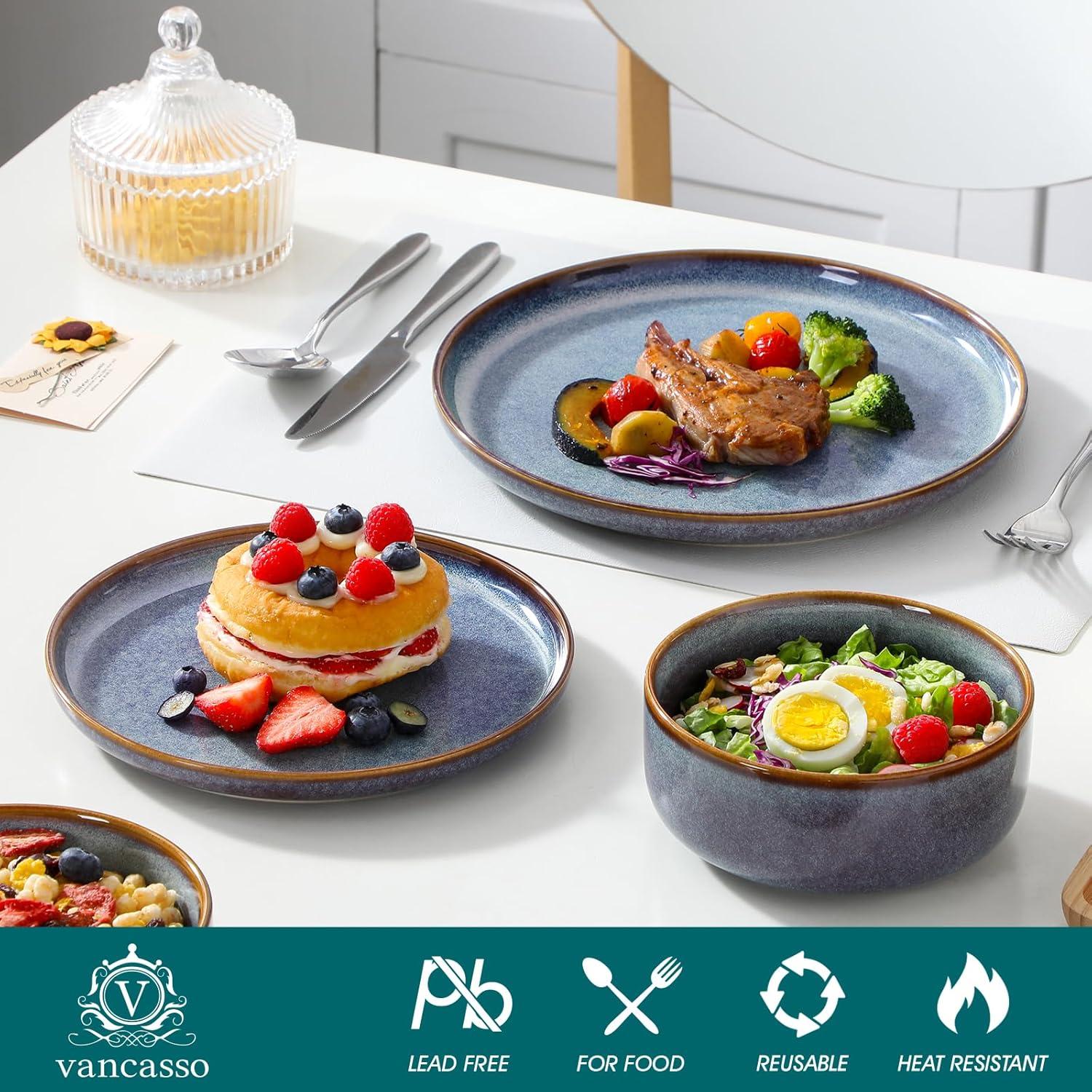 imagevancasso PLAYA Plates and Bowls Sets12 Pieces Grey Dinnerware Sets for KitchenReactive Glaze Dishes Set for 4Dishwasher and Microwave SafeGrey Blue