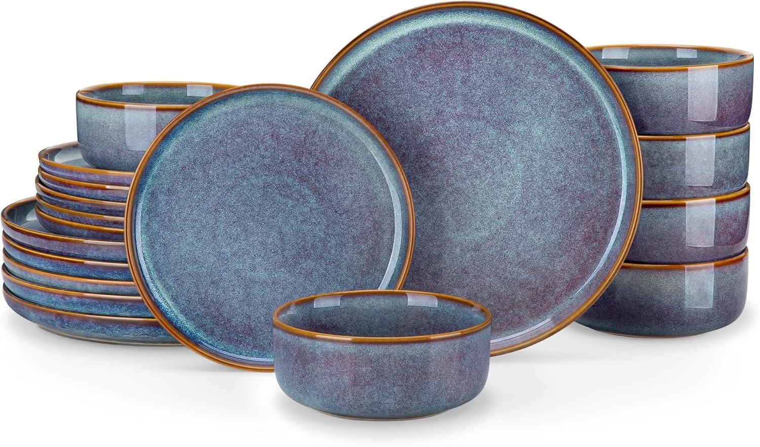 imagevancasso PLAYA Plates and Bowls Sets12 Pieces Grey Dinnerware Sets for KitchenReactive Glaze Dishes Set for 4Dishwasher and Microwave SafeGrey Blue