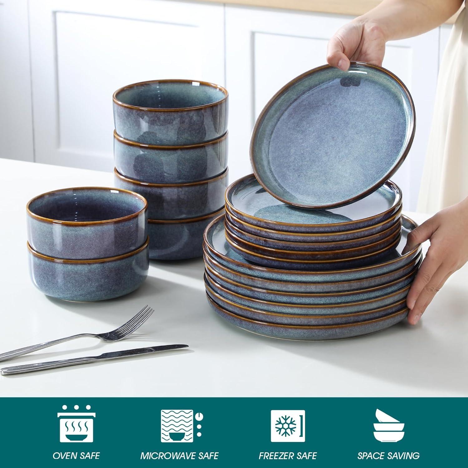 imagevancasso PLAYA Plates and Bowls Sets12 Pieces Grey Dinnerware Sets for KitchenReactive Glaze Dishes Set for 4Dishwasher and Microwave SafeGrey Blue