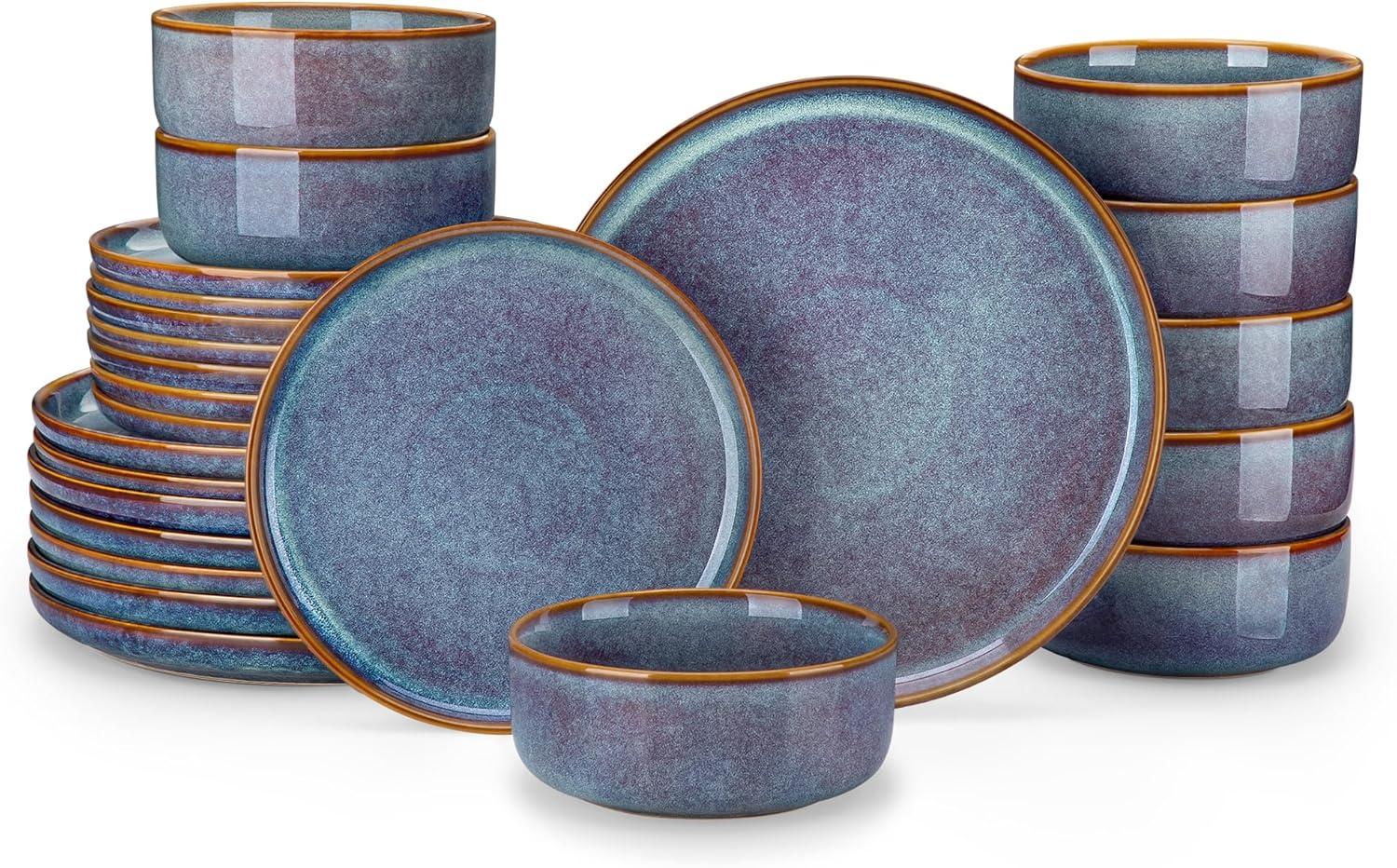 imagevancasso PLAYA Plates and Bowls Sets12 Pieces Grey Dinnerware Sets for KitchenReactive Glaze Dishes Set for 4Dishwasher and Microwave SafeGrey Blue