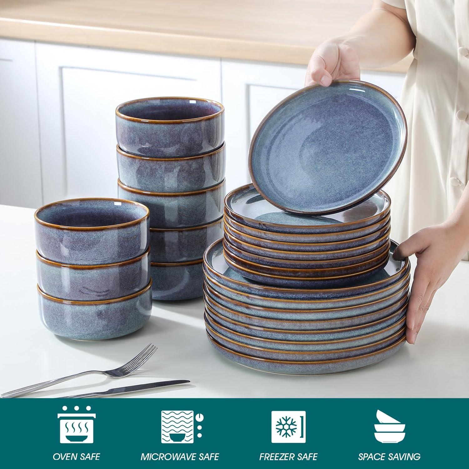imagevancasso PLAYA Plates and Bowls Sets12 Pieces Grey Dinnerware Sets for KitchenReactive Glaze Dishes Set for 4Dishwasher and Microwave SafeGrey Blue