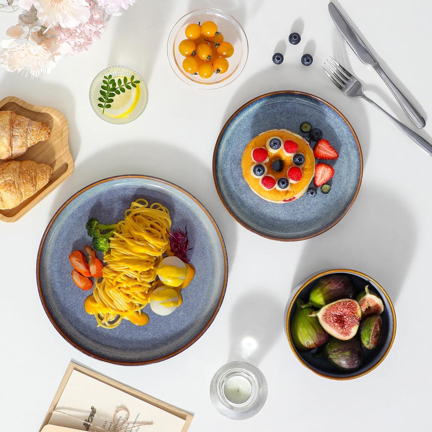 imagevancasso PLAYA Plates and Bowls Sets12 Pieces Grey Dinnerware Sets for KitchenReactive Glaze Dishes Set for 4Dishwasher and Microwave SafeGrey Blue