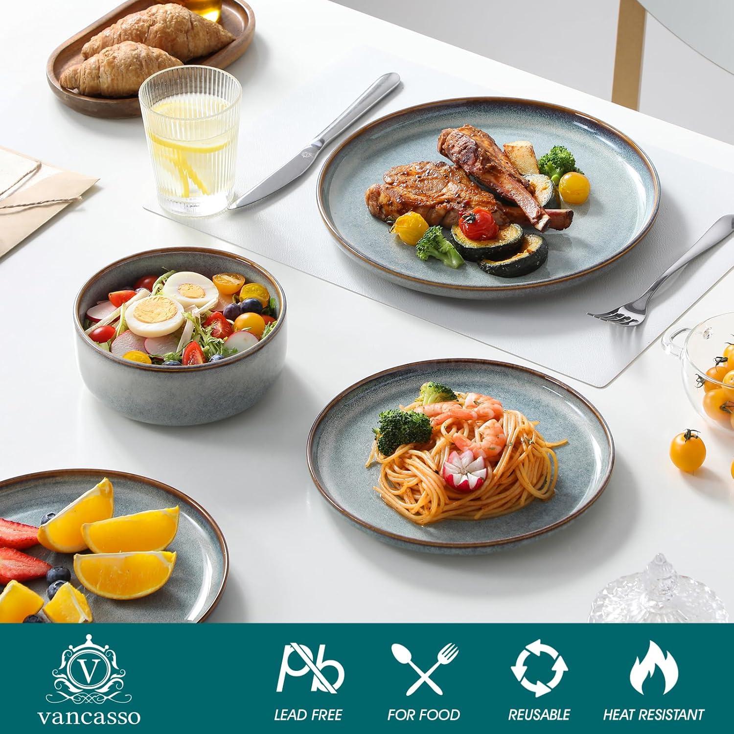 imagevancasso PLAYA Plates and Bowls Sets12 Pieces Grey Dinnerware Sets for KitchenReactive Glaze Dishes Set for 4Dishwasher and Microwave SafeLight Blue