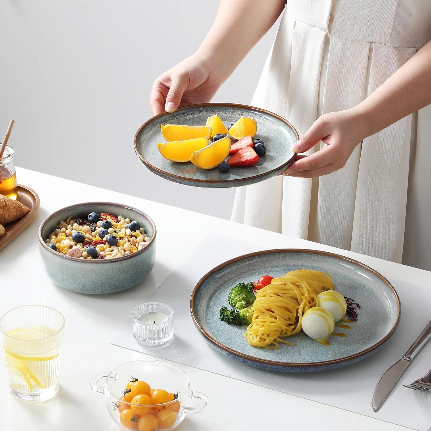 imagevancasso PLAYA Plates and Bowls Sets12 Pieces Grey Dinnerware Sets for KitchenReactive Glaze Dishes Set for 4Dishwasher and Microwave SafeLight Blue