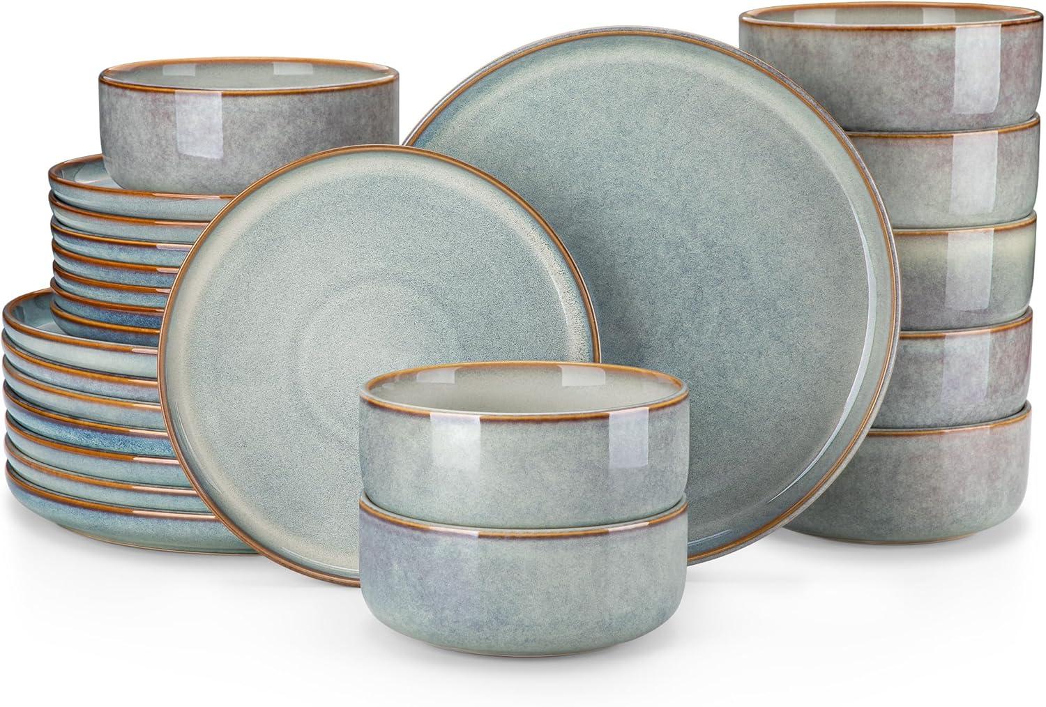 imagevancasso PLAYA Plates and Bowls Sets12 Pieces Grey Dinnerware Sets for KitchenReactive Glaze Dishes Set for 4Dishwasher and Microwave SafeLight Blue