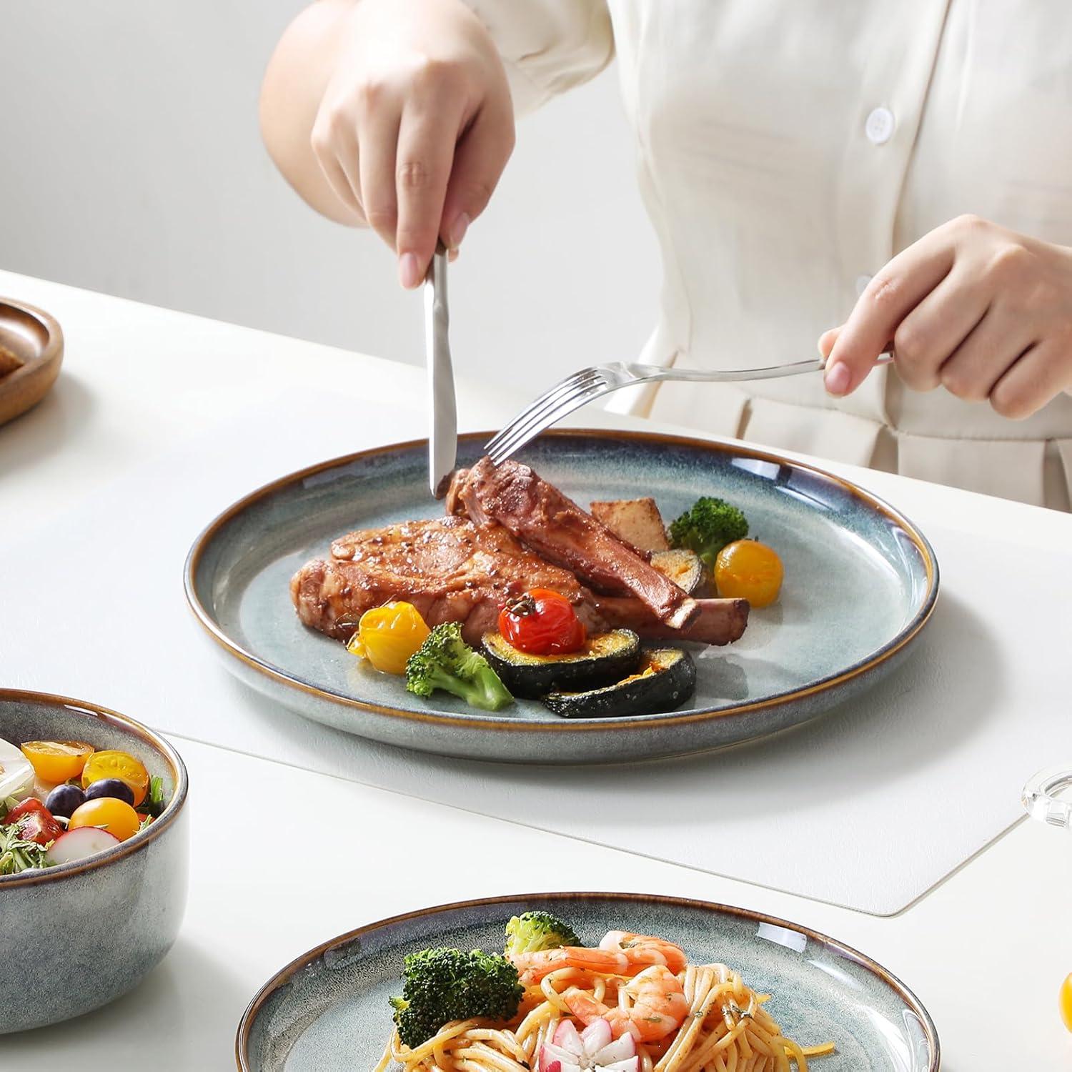 imagevancasso PLAYA Plates and Bowls Sets12 Pieces Grey Dinnerware Sets for KitchenReactive Glaze Dishes Set for 4Dishwasher and Microwave SafeLight Blue