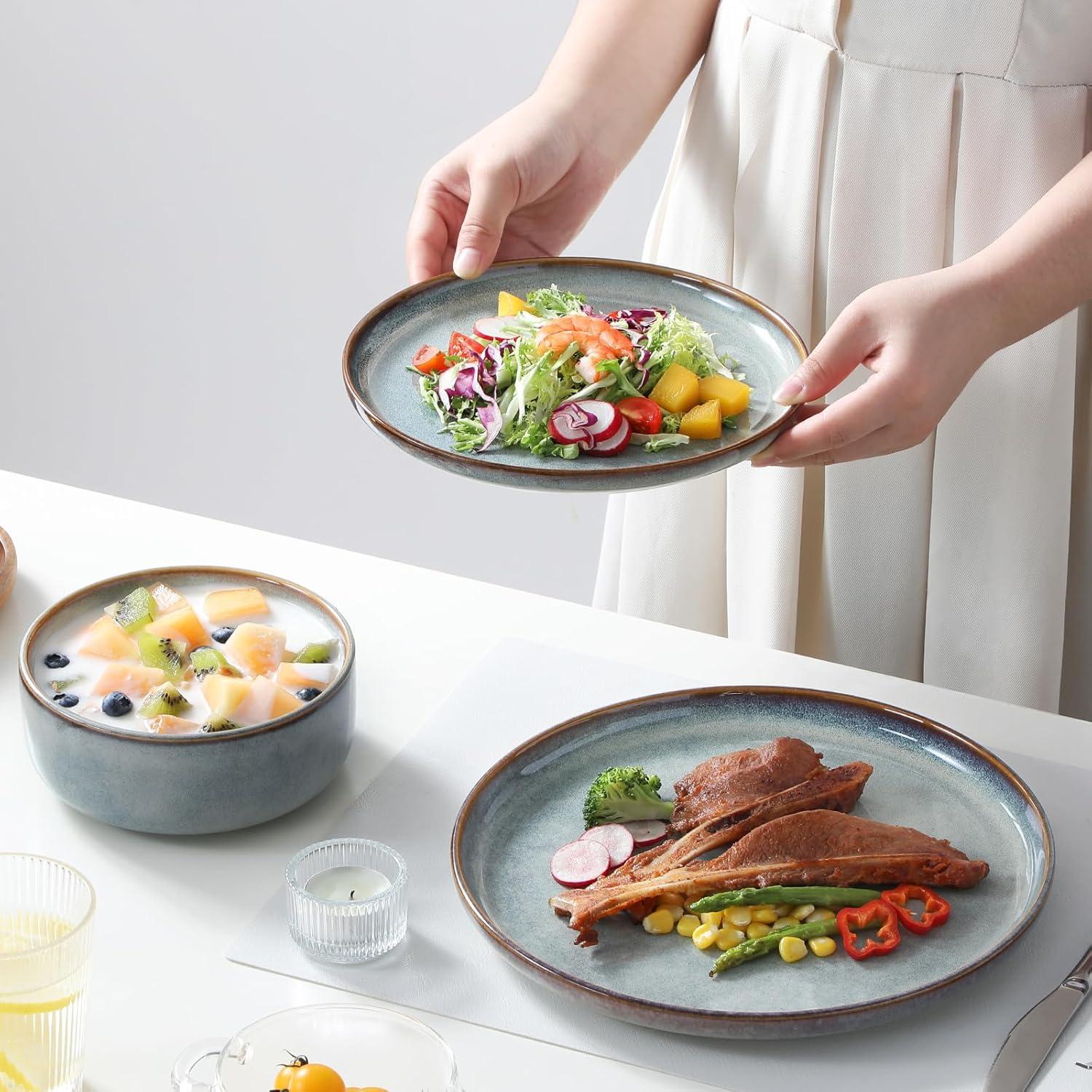 imagevancasso PLAYA Plates and Bowls Sets12 Pieces Grey Dinnerware Sets for KitchenReactive Glaze Dishes Set for 4Dishwasher and Microwave SafeLight Blue