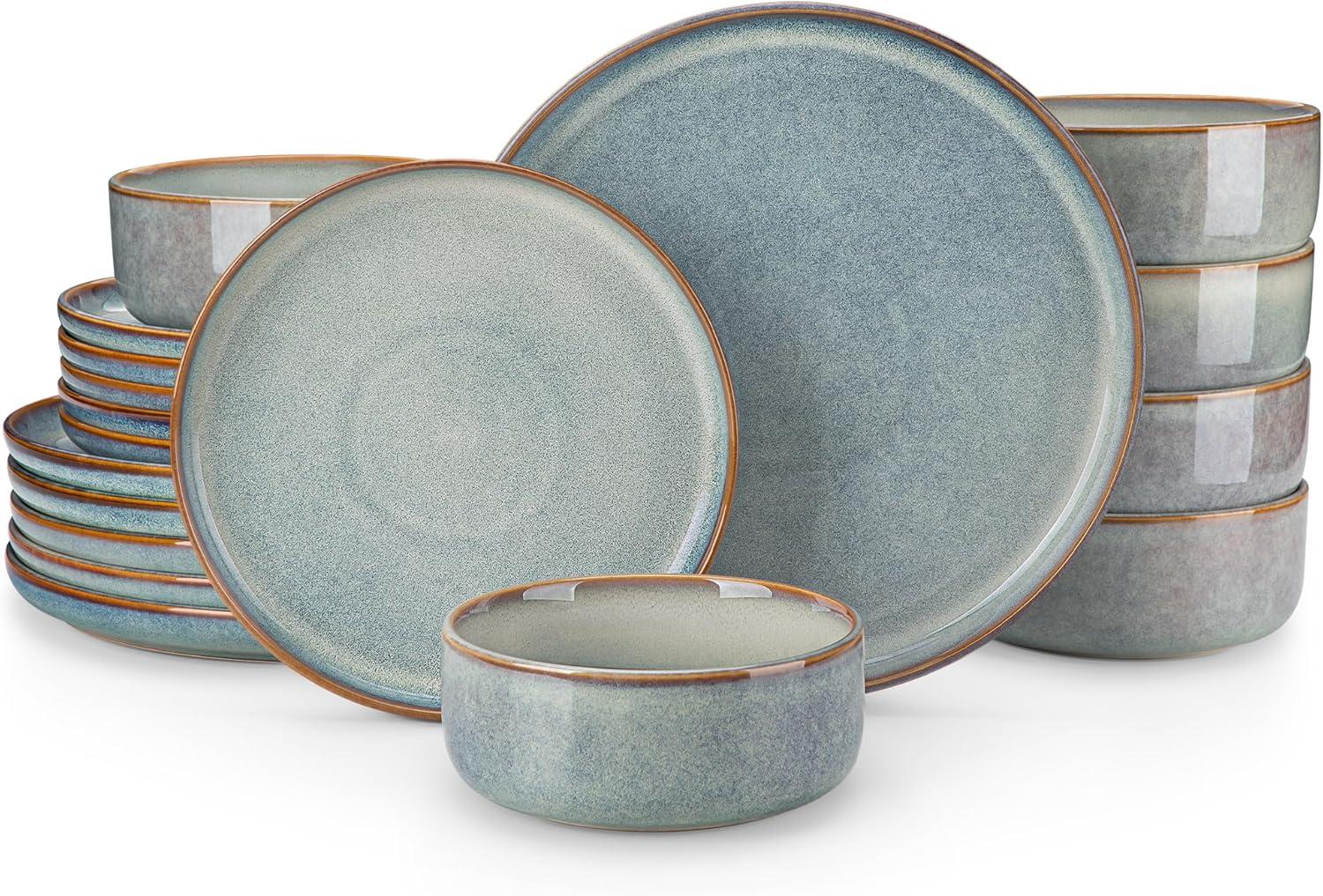 imagevancasso PLAYA Plates and Bowls Sets12 Pieces Grey Dinnerware Sets for KitchenReactive Glaze Dishes Set for 4Dishwasher and Microwave SafeLight Blue