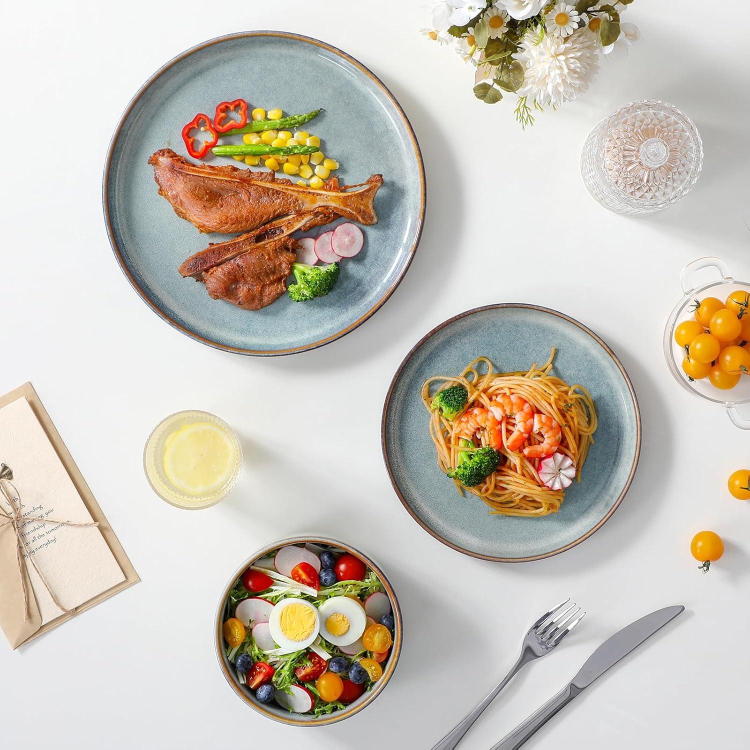 imagevancasso PLAYA Plates and Bowls Sets12 Pieces Grey Dinnerware Sets for KitchenReactive Glaze Dishes Set for 4Dishwasher and Microwave SafeLight Blue