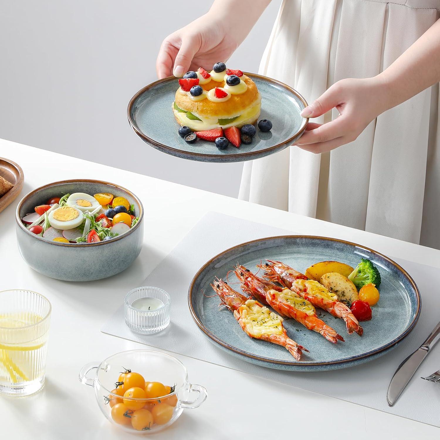 imagevancasso PLAYA Plates and Bowls Sets12 Pieces Grey Dinnerware Sets for KitchenReactive Glaze Dishes Set for 4Dishwasher and Microwave SafeLight Blue