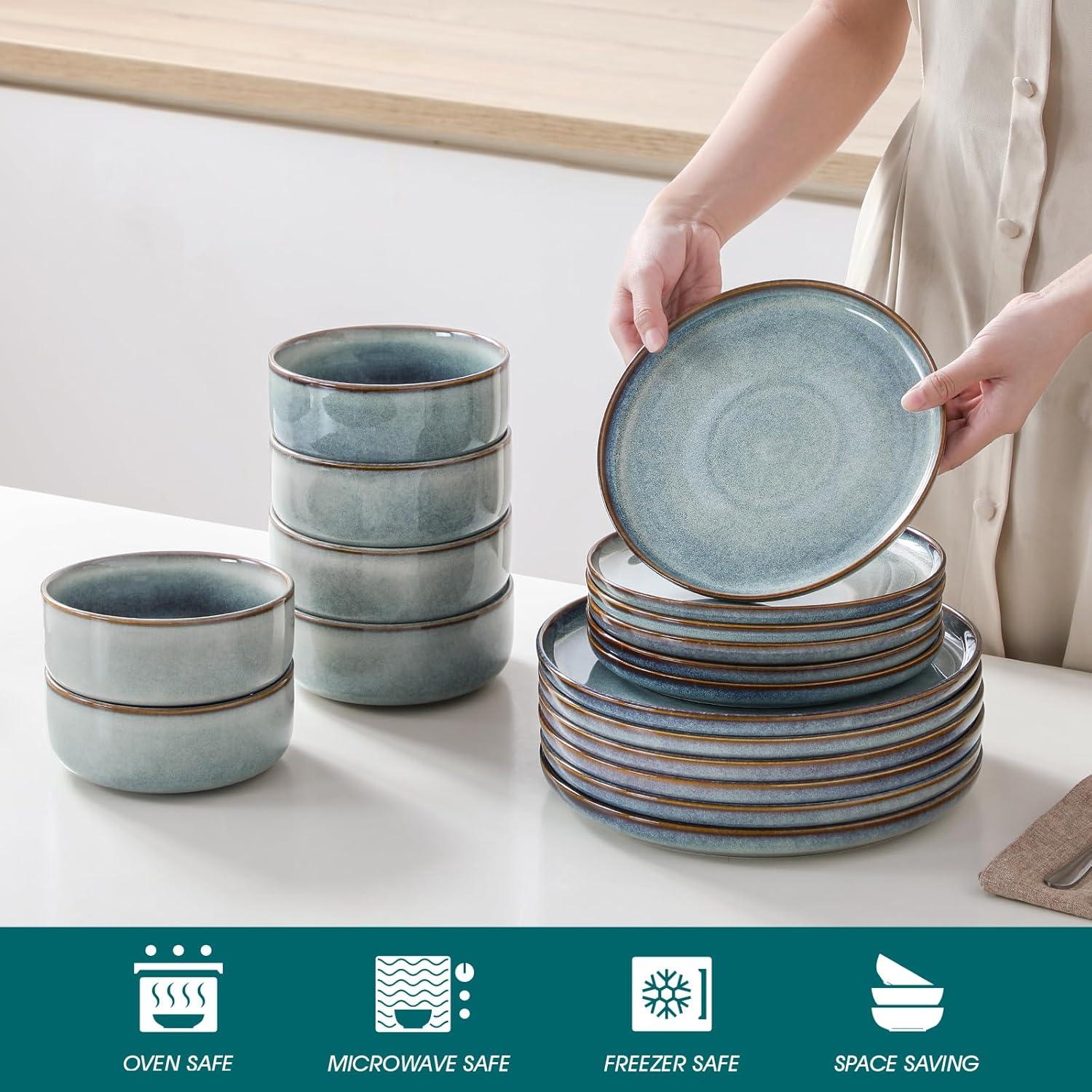 imagevancasso PLAYA Plates and Bowls Sets12 Pieces Grey Dinnerware Sets for KitchenReactive Glaze Dishes Set for 4Dishwasher and Microwave SafeLight Blue