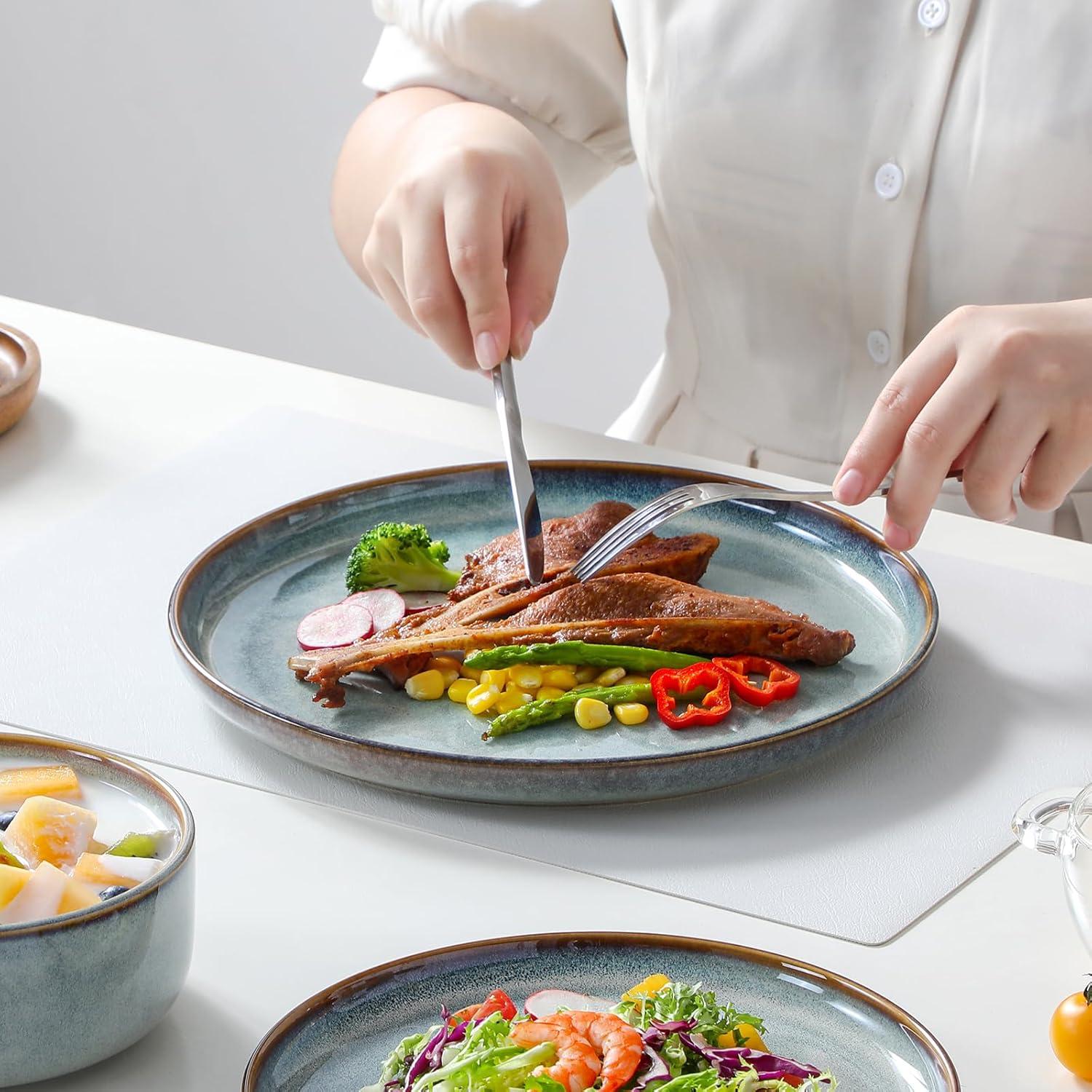 imagevancasso PLAYA Plates and Bowls Sets12 Pieces Grey Dinnerware Sets for KitchenReactive Glaze Dishes Set for 4Dishwasher and Microwave SafeLight Blue