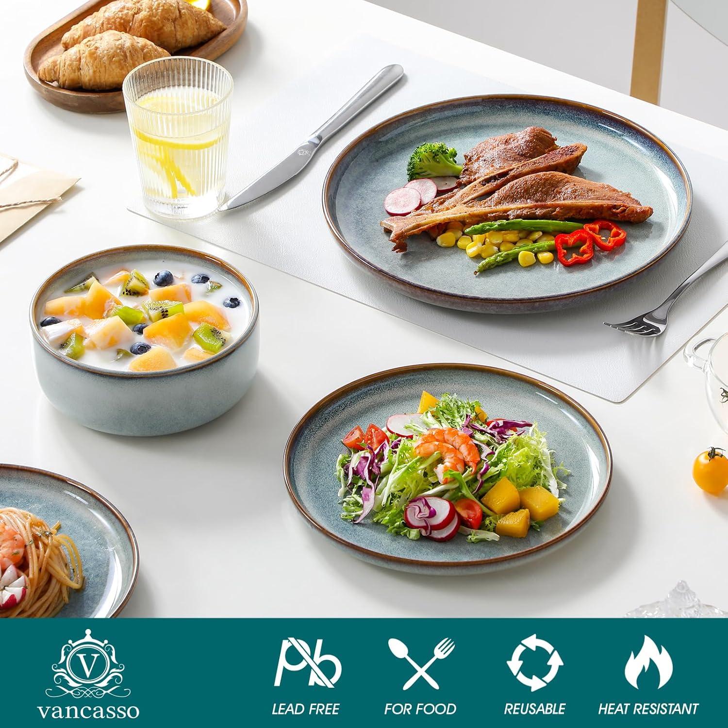 imagevancasso PLAYA Plates and Bowls Sets12 Pieces Grey Dinnerware Sets for KitchenReactive Glaze Dishes Set for 4Dishwasher and Microwave SafeLight Blue