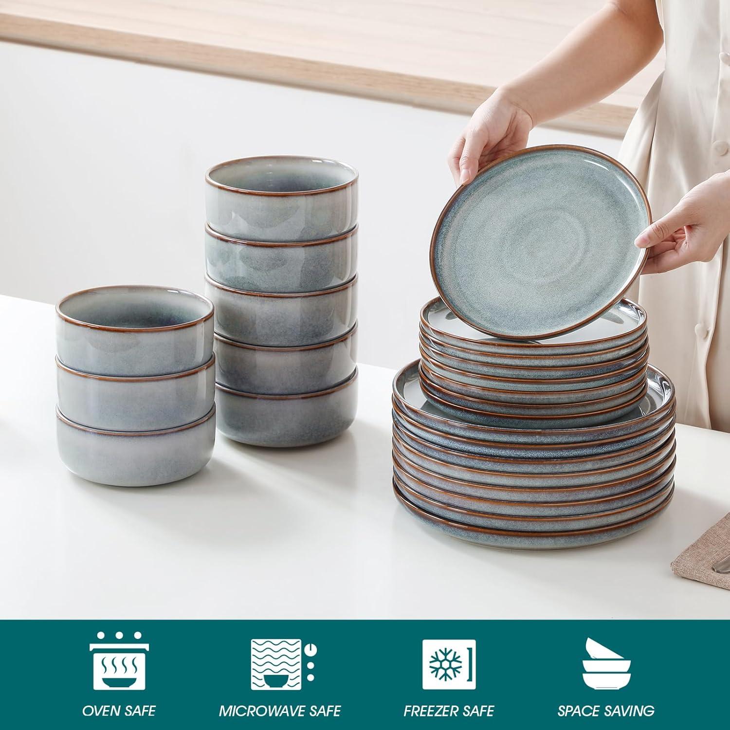 imagevancasso PLAYA Plates and Bowls Sets12 Pieces Grey Dinnerware Sets for KitchenReactive Glaze Dishes Set for 4Dishwasher and Microwave SafeLight Blue