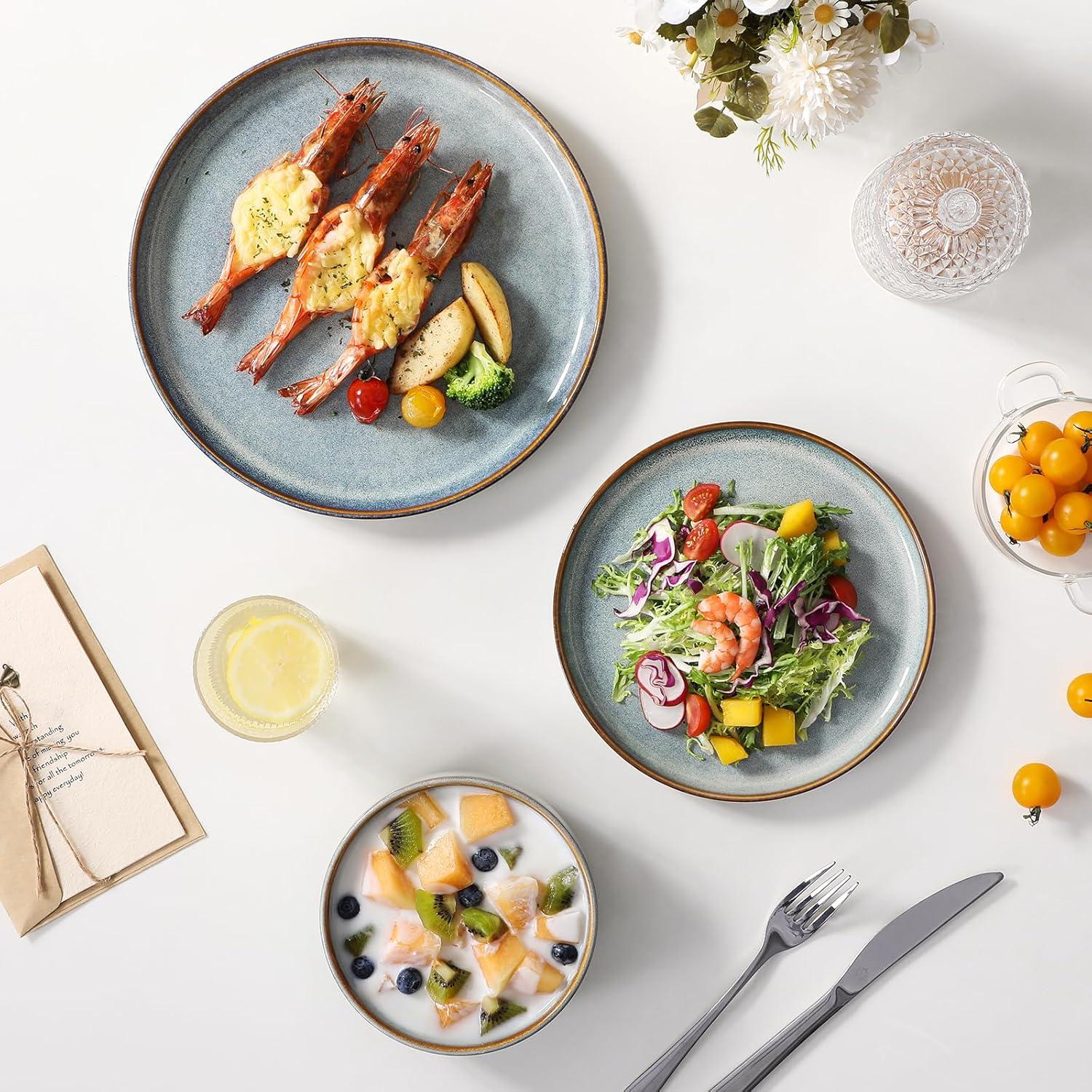 imagevancasso PLAYA Plates and Bowls Sets12 Pieces Grey Dinnerware Sets for KitchenReactive Glaze Dishes Set for 4Dishwasher and Microwave SafeLight Blue