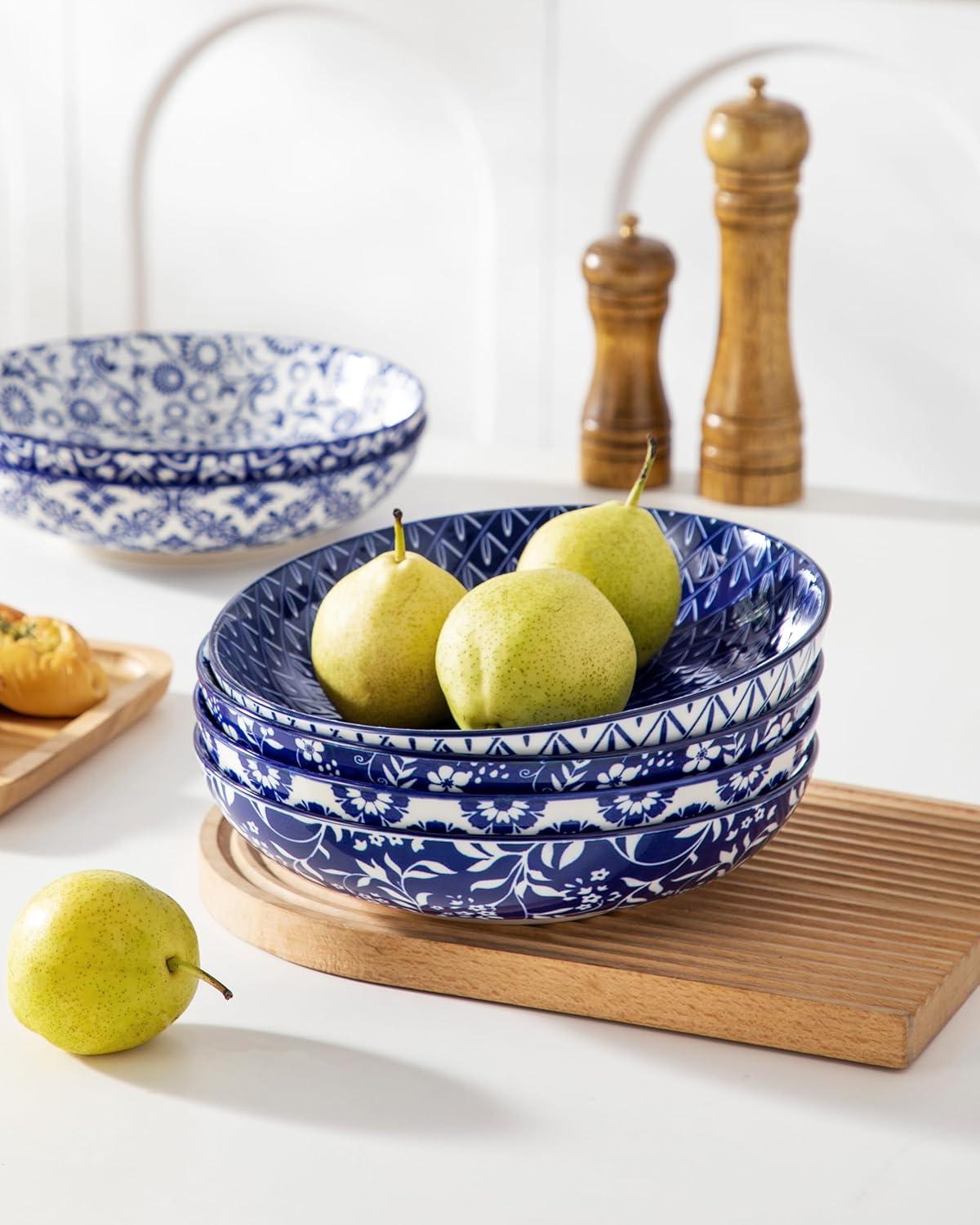 imagevancasso Pasta Bowls Set of 6 50 oz Large Ceramic Serving Bowls Wide Shallow Salad ampamp Soup Bowls 95 Inch Kitchen Pasta Plates Microwave and Dishwasher Safe Blue White Floral Design