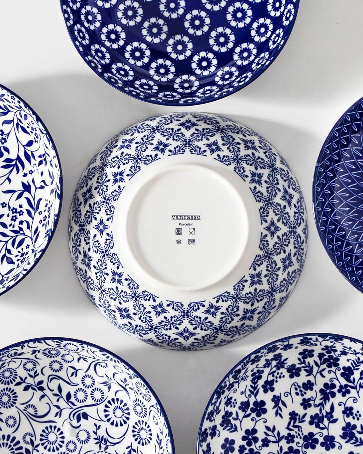 imagevancasso Pasta Bowls Set of 6 50 oz Large Ceramic Serving Bowls Wide Shallow Salad ampamp Soup Bowls 95 Inch Kitchen Pasta Plates Microwave and Dishwasher Safe Blue White Floral Design