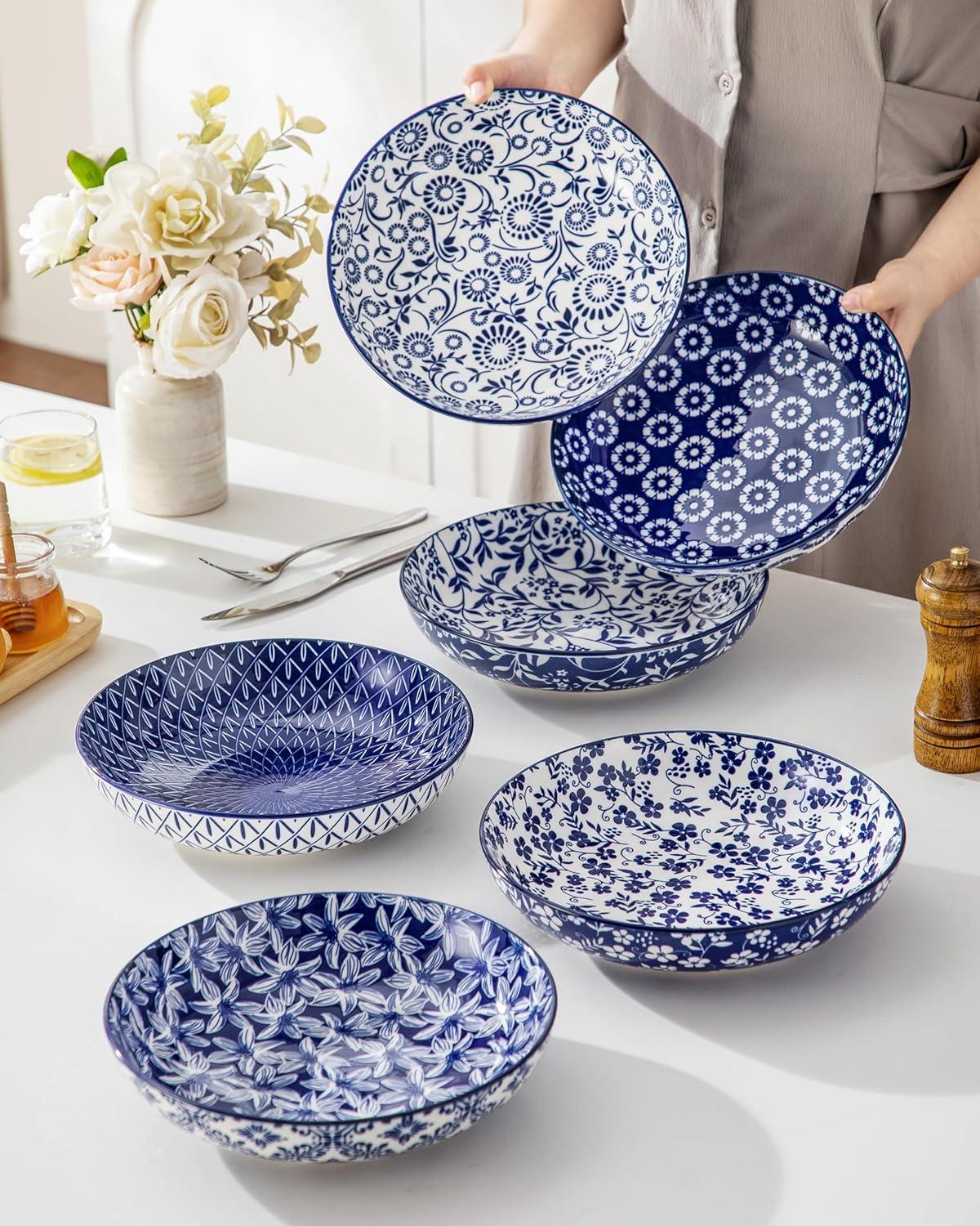 imagevancasso Pasta Bowls Set of 6 50 oz Large Ceramic Serving Bowls Wide Shallow Salad ampamp Soup Bowls 95 Inch Kitchen Pasta Plates Microwave and Dishwasher Safe Blue White Floral Design