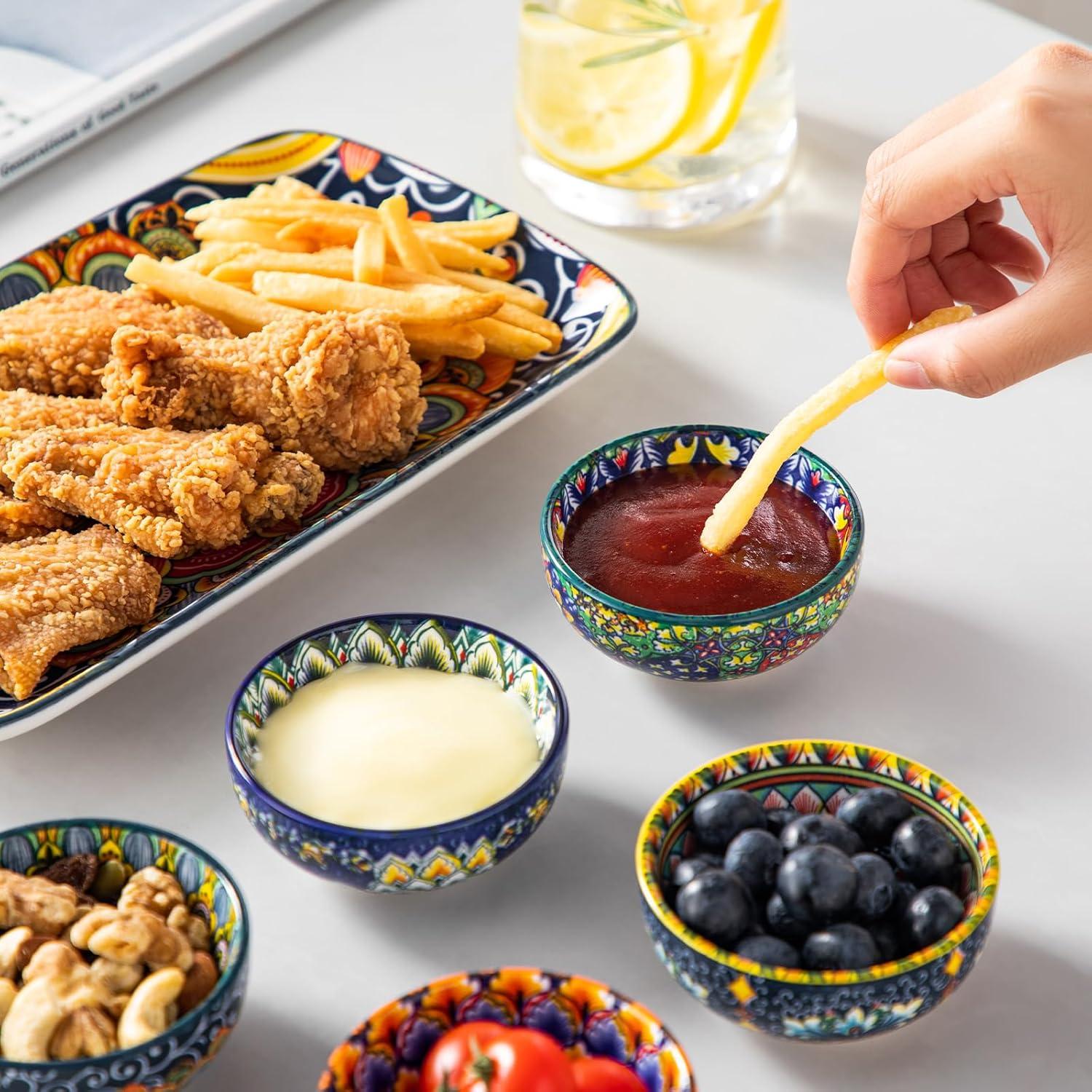 imagevancasso SIMI 27 Oz Ceramic Dipping Bowls Sets of 6 Bohemian Small Bowls for Sauce 3 Inch Mini Appetizer Plates for Soy Sauce Sushi Condiments ampamp Side Dishes Microwave ampamp Dishwasher Safe